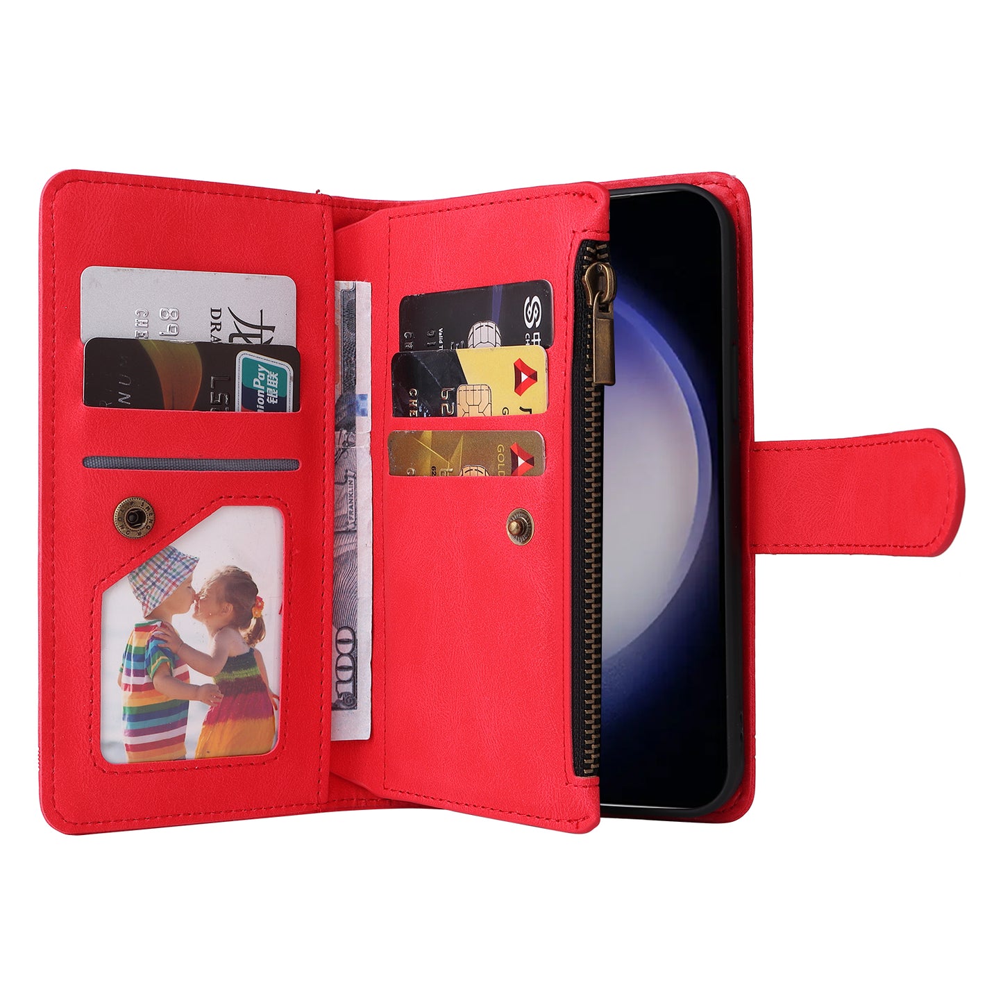 For Samsung Galaxy S24 Case PU Leather Zipper Card Slots Phone Cover - Red