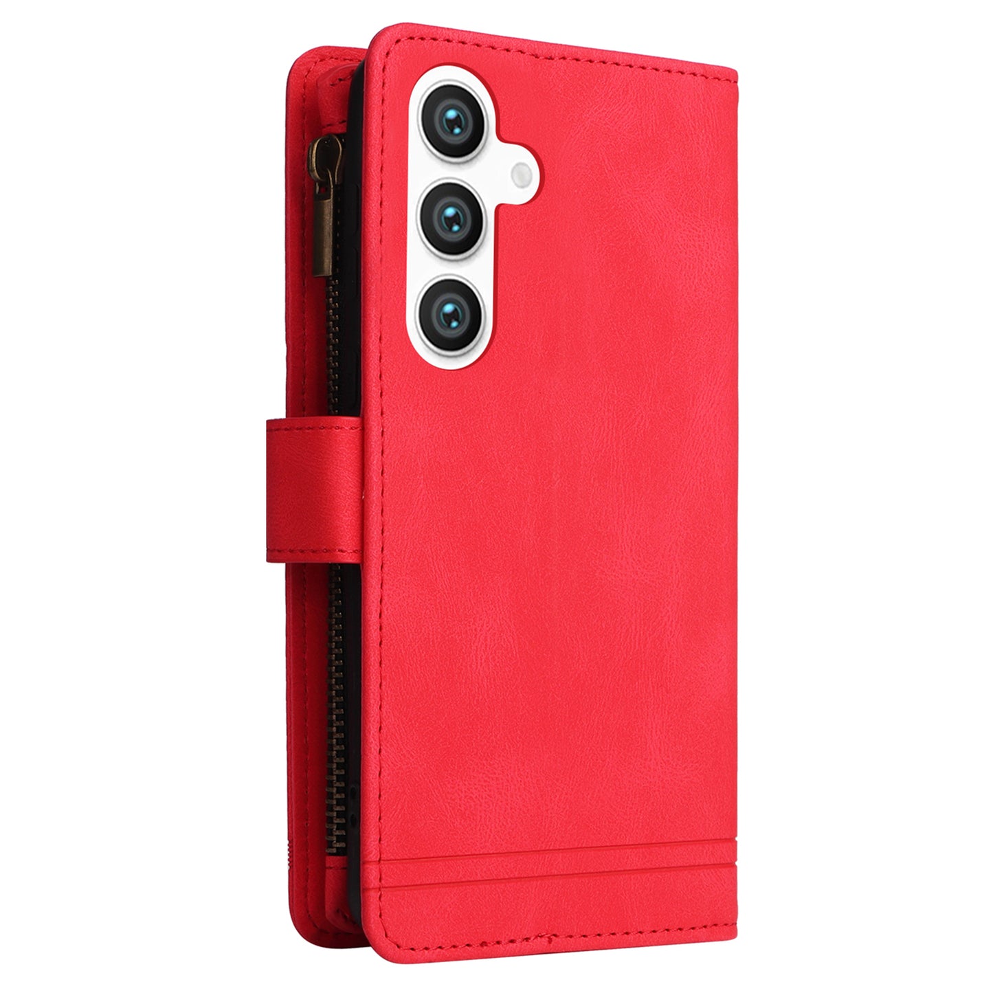 For Samsung Galaxy S24 Case PU Leather Zipper Card Slots Phone Cover - Red
