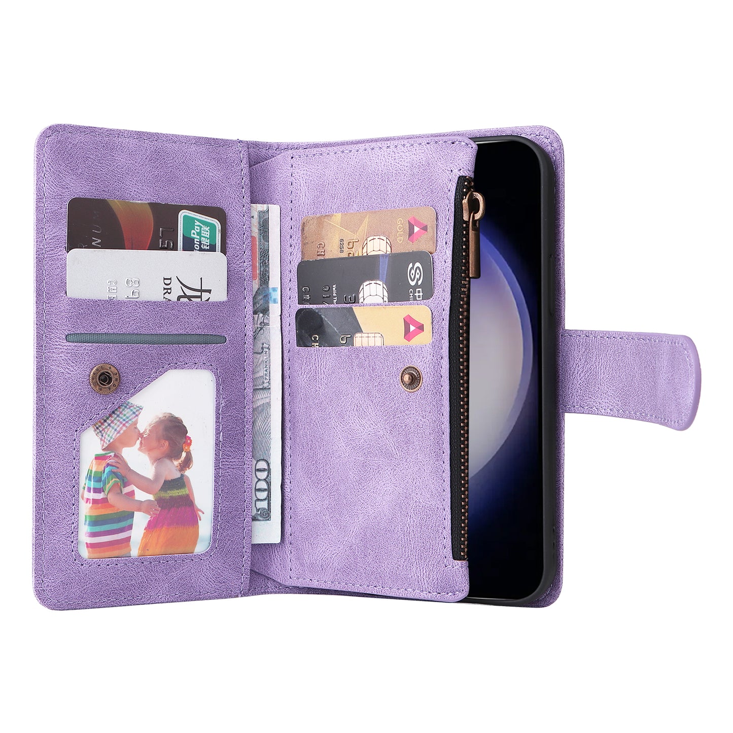 For Samsung Galaxy S24 Case PU Leather Zipper Card Slots Phone Cover - Purple