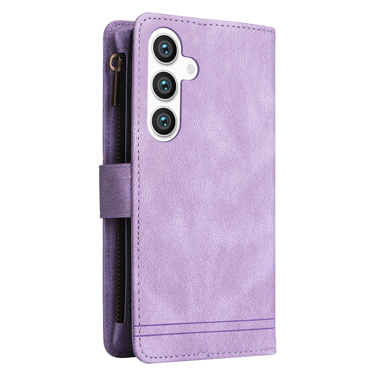 For Samsung Galaxy S24 Case PU Leather Zipper Card Slots Phone Cover - Purple