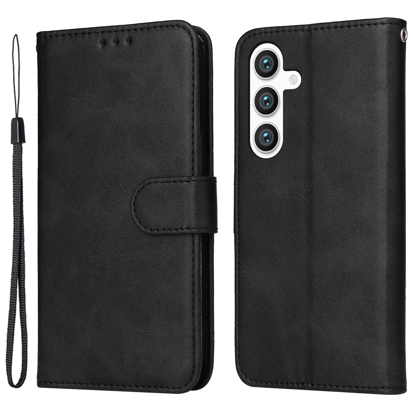 For Samsung Galaxy S24 Case PU Leather Calf Texture Stand Folio Phone Cover - Black