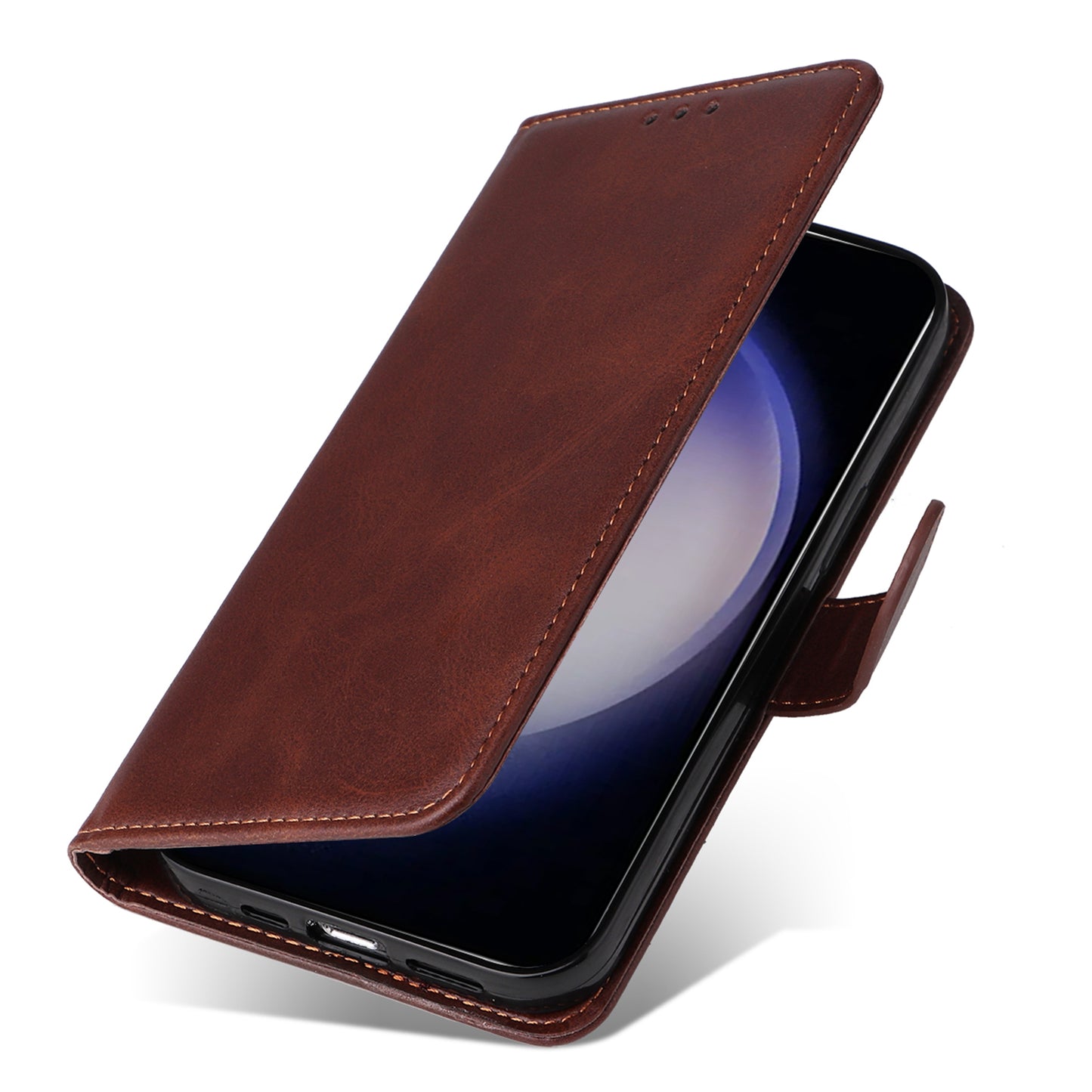 For Samsung Galaxy S24 Case PU Leather Calf Texture Stand Folio Phone Cover - Brown