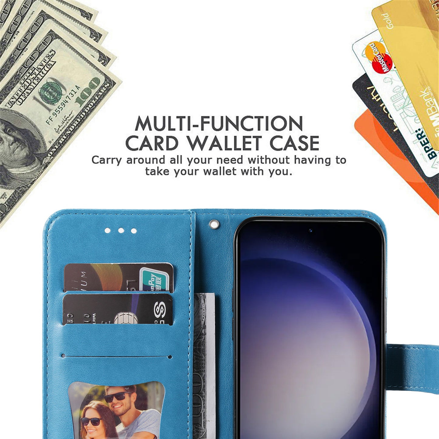 For Samsung Galaxy S24 Case Imprinted PU Leather Mobile Phone Shell Stand Wallet Cover - Blue