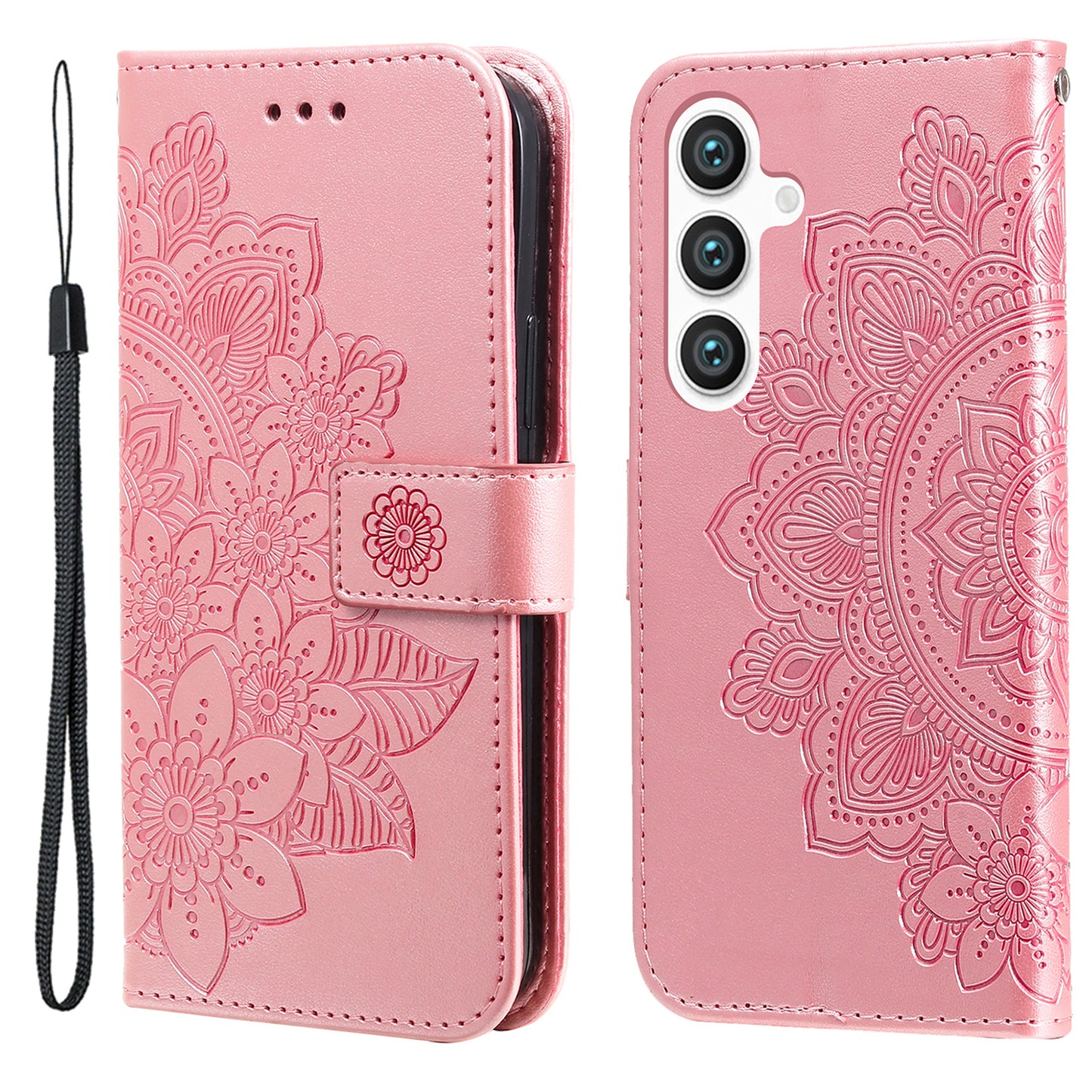 For Samsung Galaxy S24 Case Imprinted PU Leather Mobile Phone Shell Stand Wallet Cover - Pink
