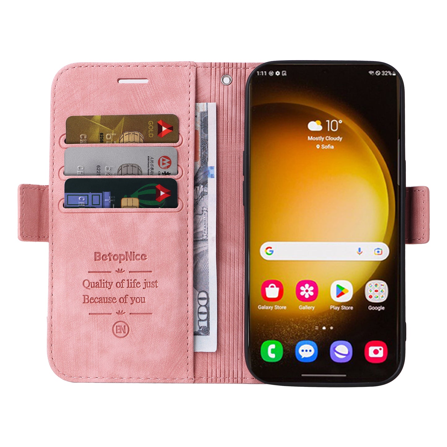 BETOPNICE 001 for Samsung Galaxy S24 Ultra Case PU Leather Stand Wallet Phone Cover - Pink