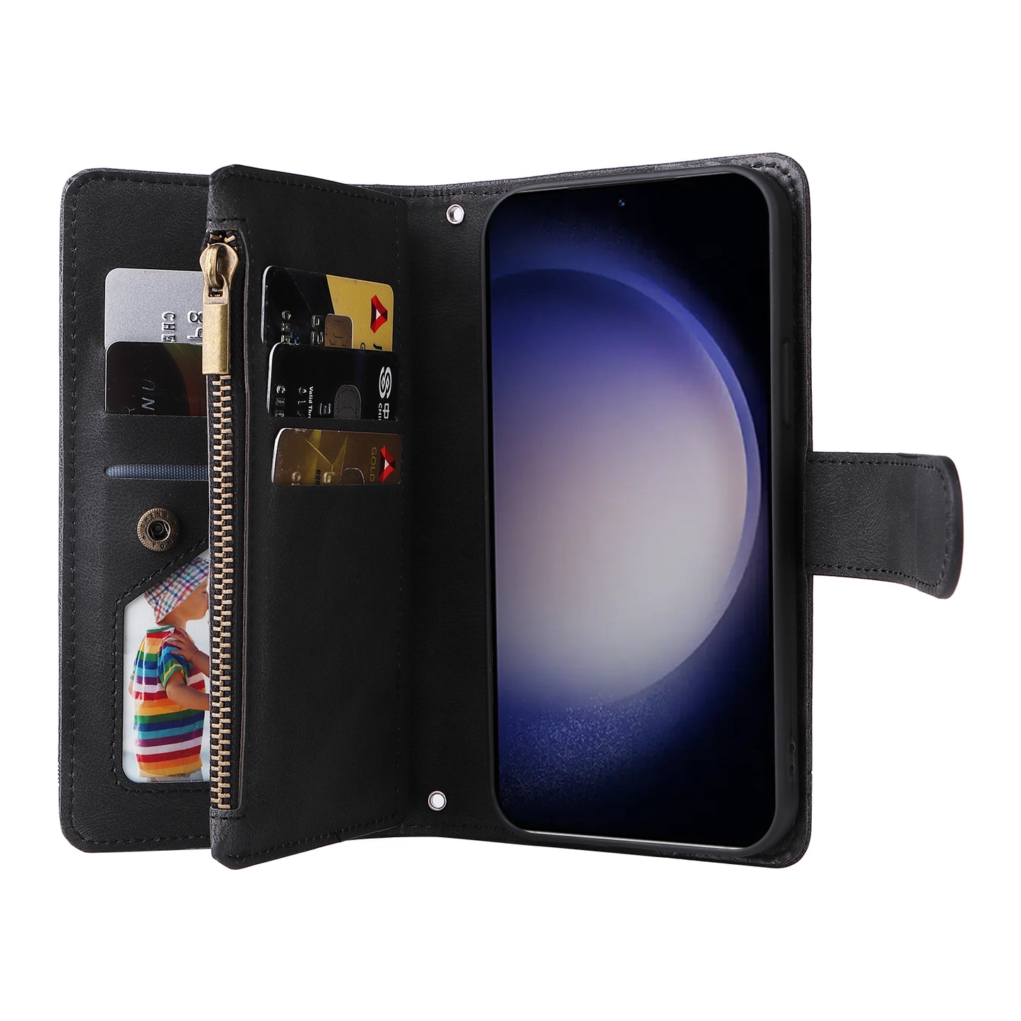 For Samsung Galaxy S24+ Case Multi Card Holder Zipper Phone Cover - Black