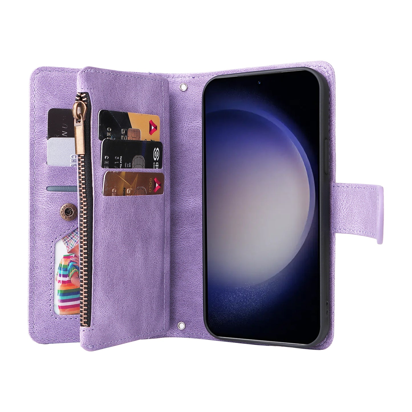 For Samsung Galaxy S24+ Case Multi Card Holder Zipper Phone Cover - Purple