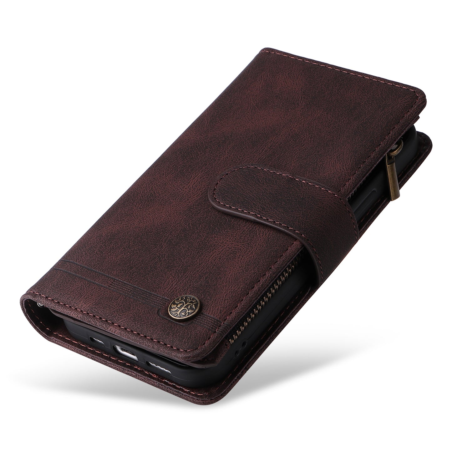 For Samsung Galaxy S24+ Case Multi Card Holder Zipper Phone Cover - Brown