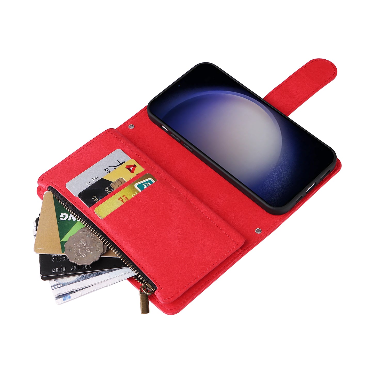 For Samsung Galaxy S24+ Case Multi Card Holder Zipper Phone Cover - Red
