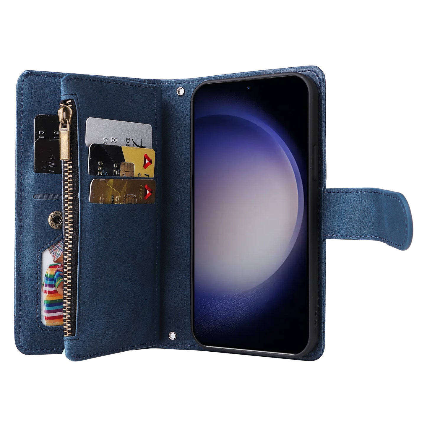For Samsung Galaxy S24+ Case Multi Card Holder Zipper Phone Cover - Blue