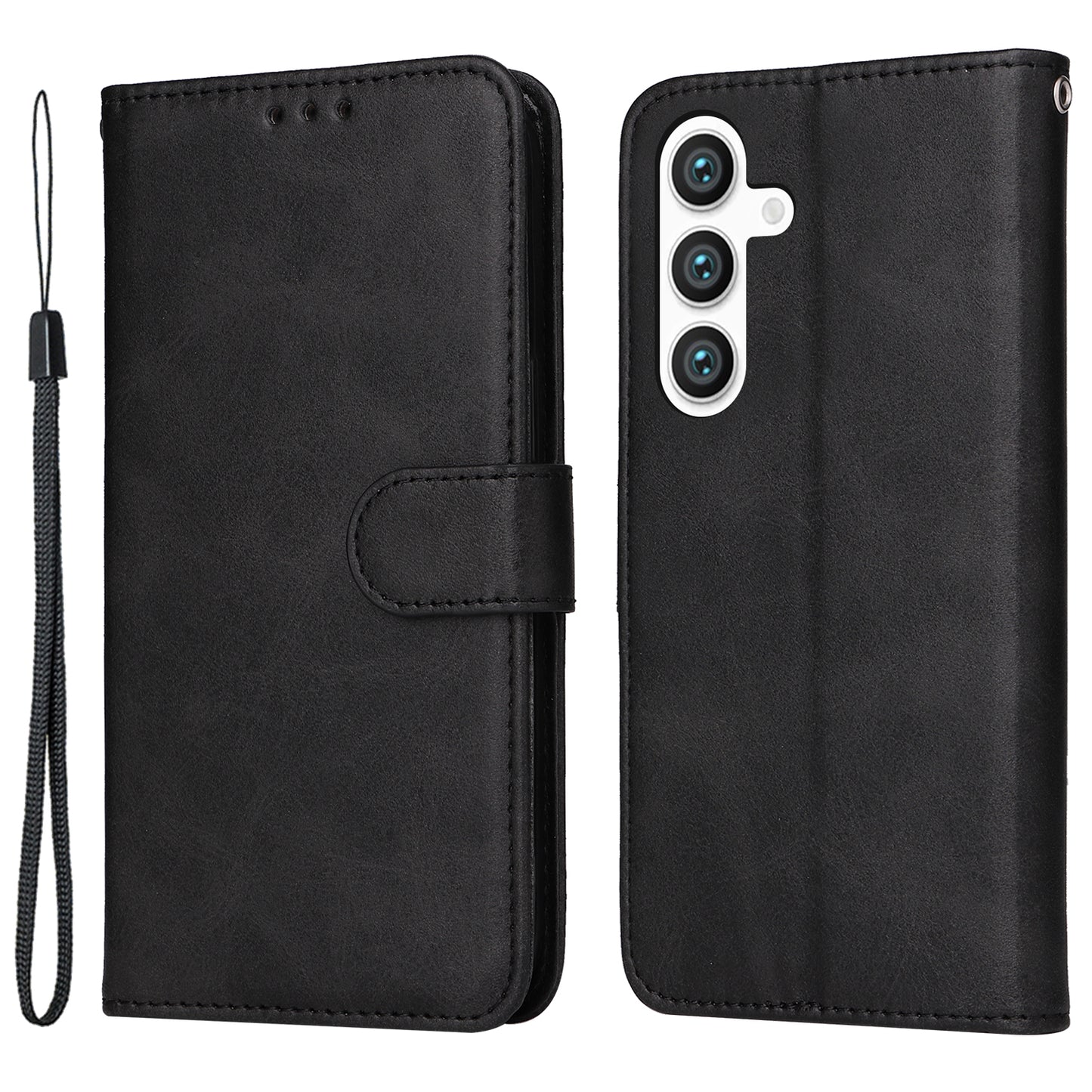 For Samsung Galaxy S24+ Case Wallet PU Leather Calf Texture Phone Cover - Black