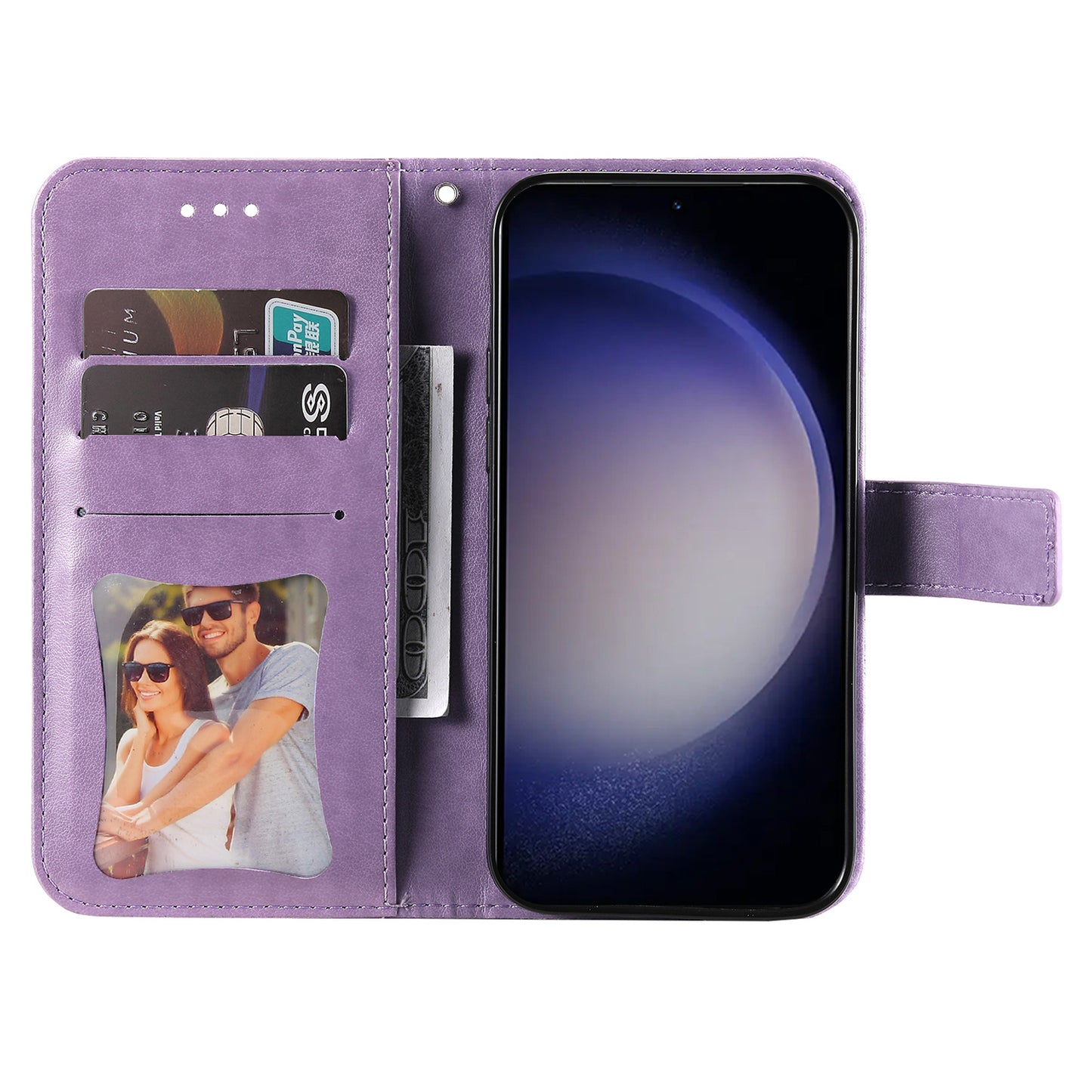 For Samsung Galaxy S24+ Case Stand Wallet Imprinted PU Leather Mobile Phone Shell Cover - Purple