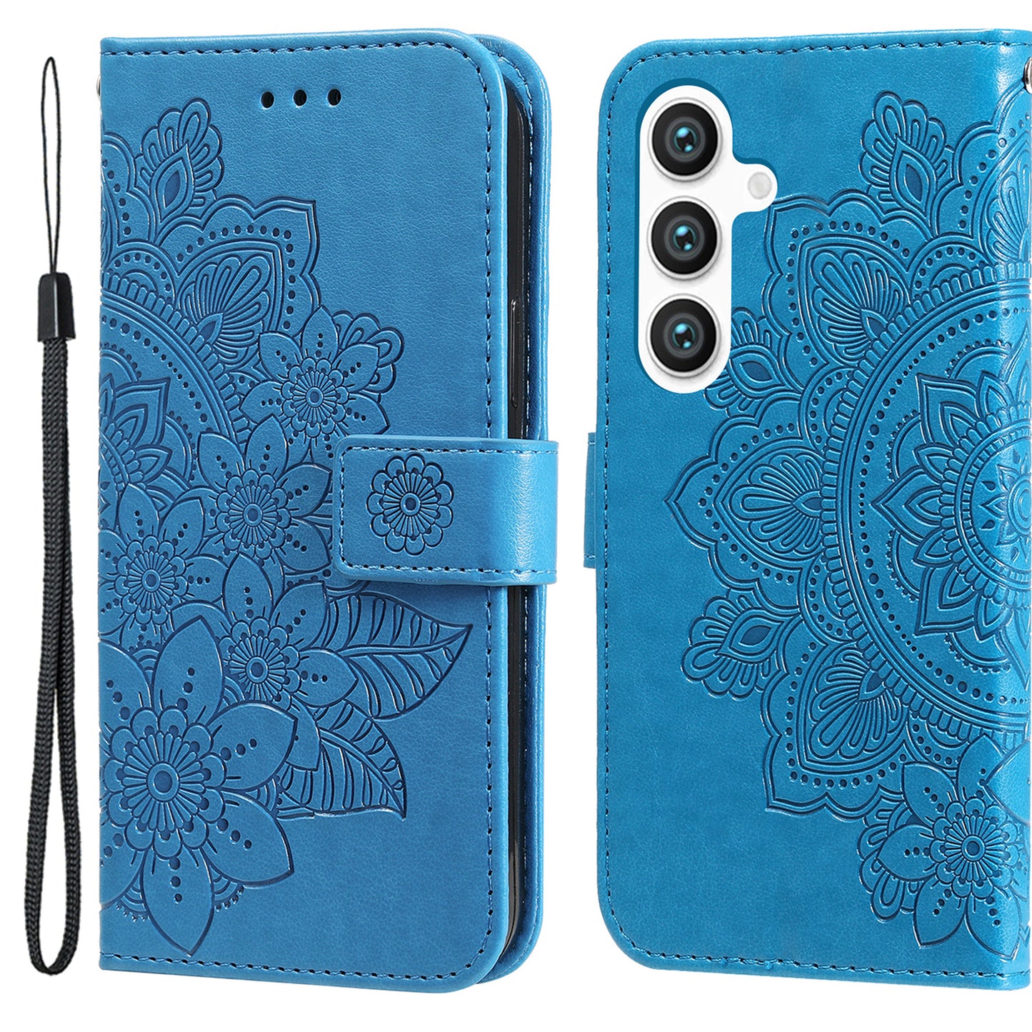 For Samsung Galaxy S24+ Case Stand Wallet Imprinted PU Leather Mobile Phone Shell Cover - Blue
