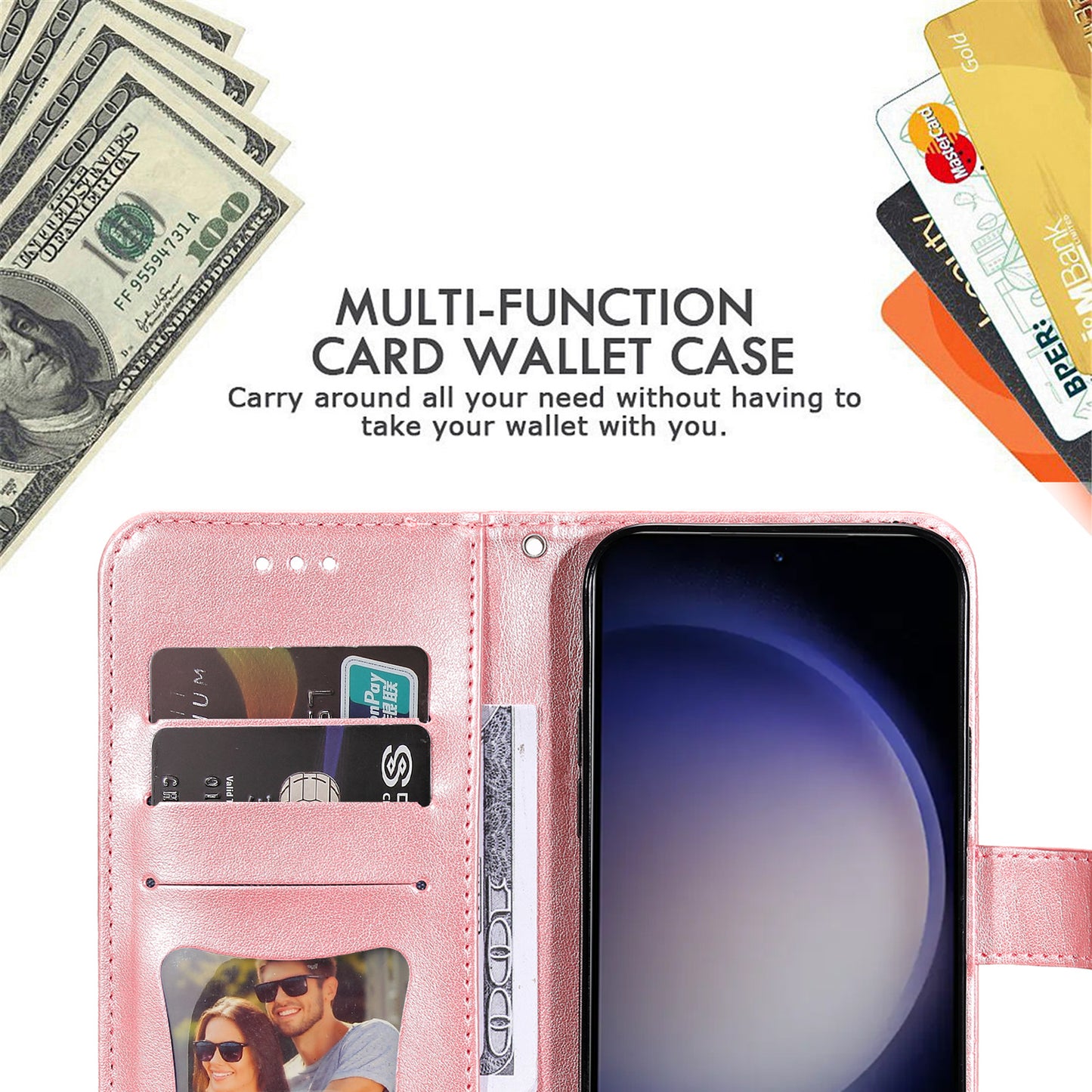 For Samsung Galaxy S24+ Case Stand Wallet Imprinted PU Leather Mobile Phone Shell Cover - Pink