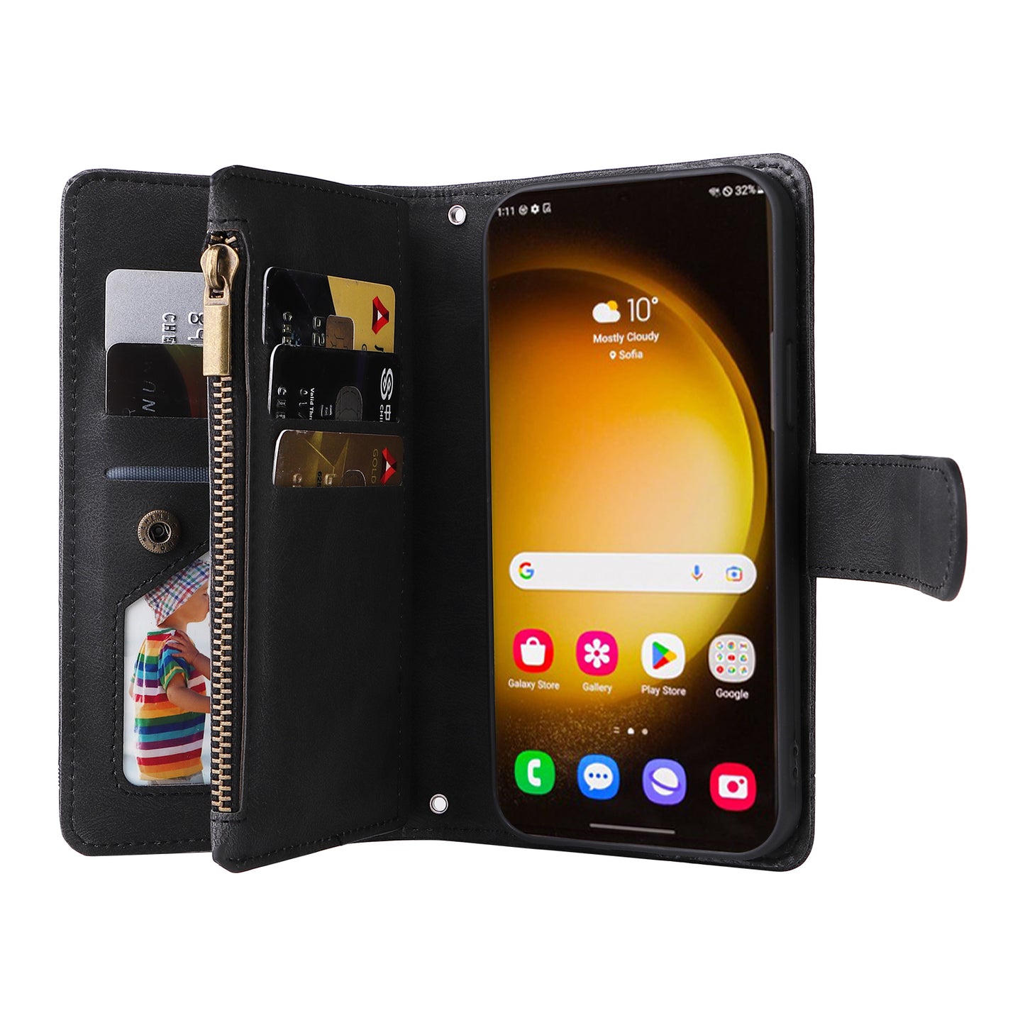 For Samsung Galaxy S24 Ultra Case Zipper Pocket Flip Leather Protective Phone Cover - Black