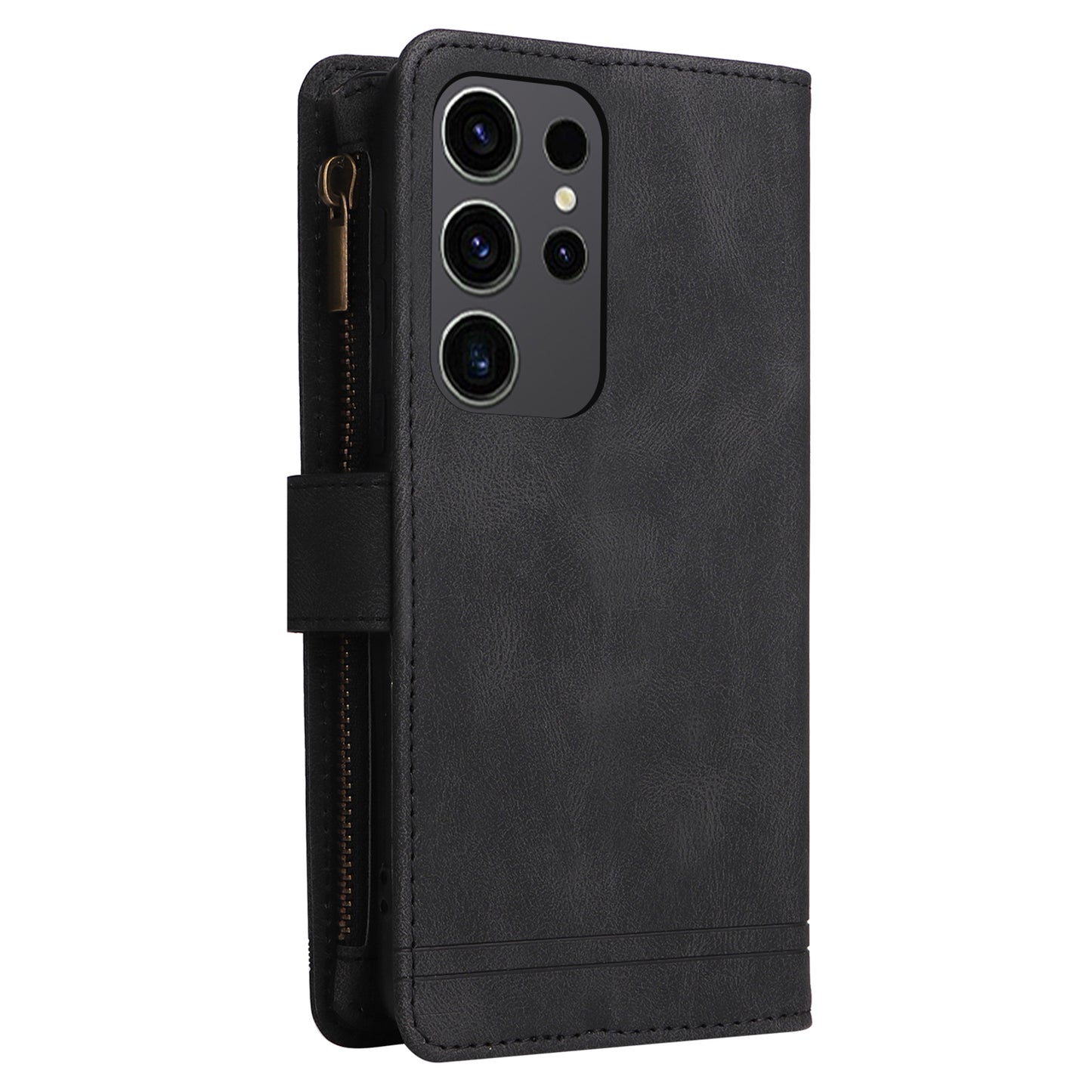 For Samsung Galaxy S24 Ultra Case Zipper Pocket Flip Leather Protective Phone Cover - Black