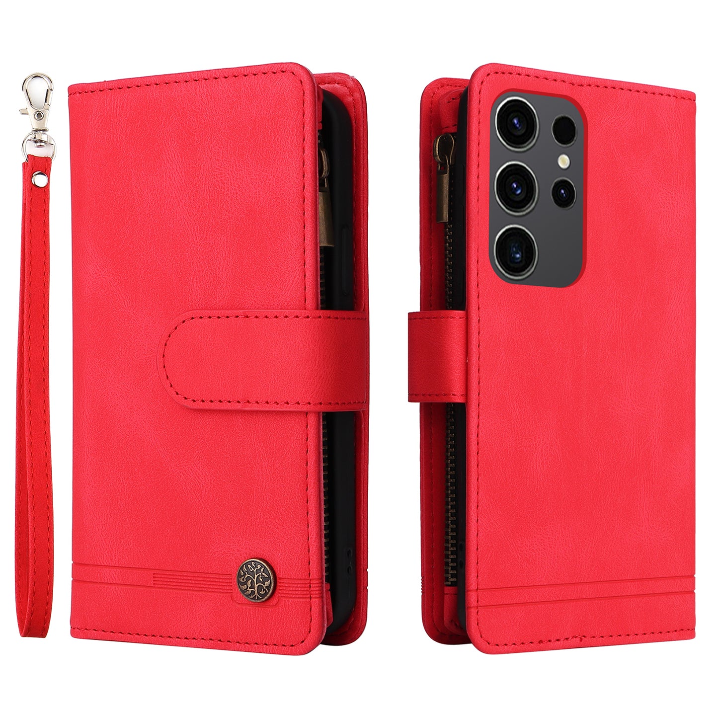 For Samsung Galaxy S24 Ultra Case Zipper Pocket Flip Leather Protective Phone Cover - Red