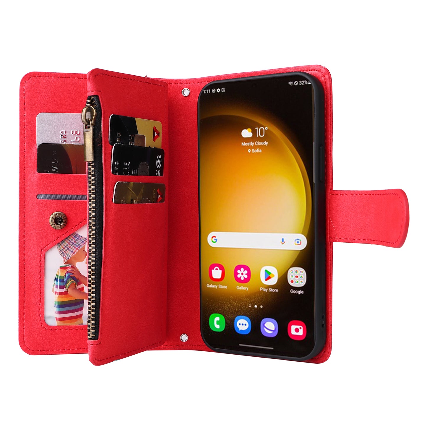 For Samsung Galaxy S24 Ultra Case Zipper Pocket Flip Leather Protective Phone Cover - Red