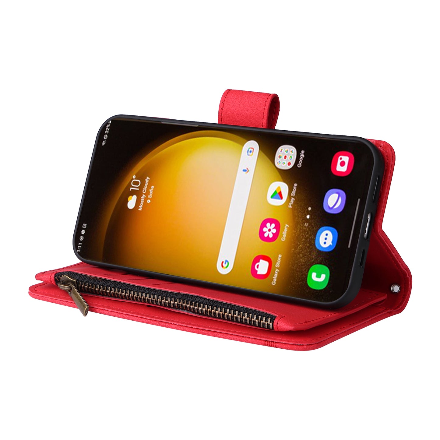 For Samsung Galaxy S24 Ultra Case Zipper Pocket Flip Leather Protective Phone Cover - Red