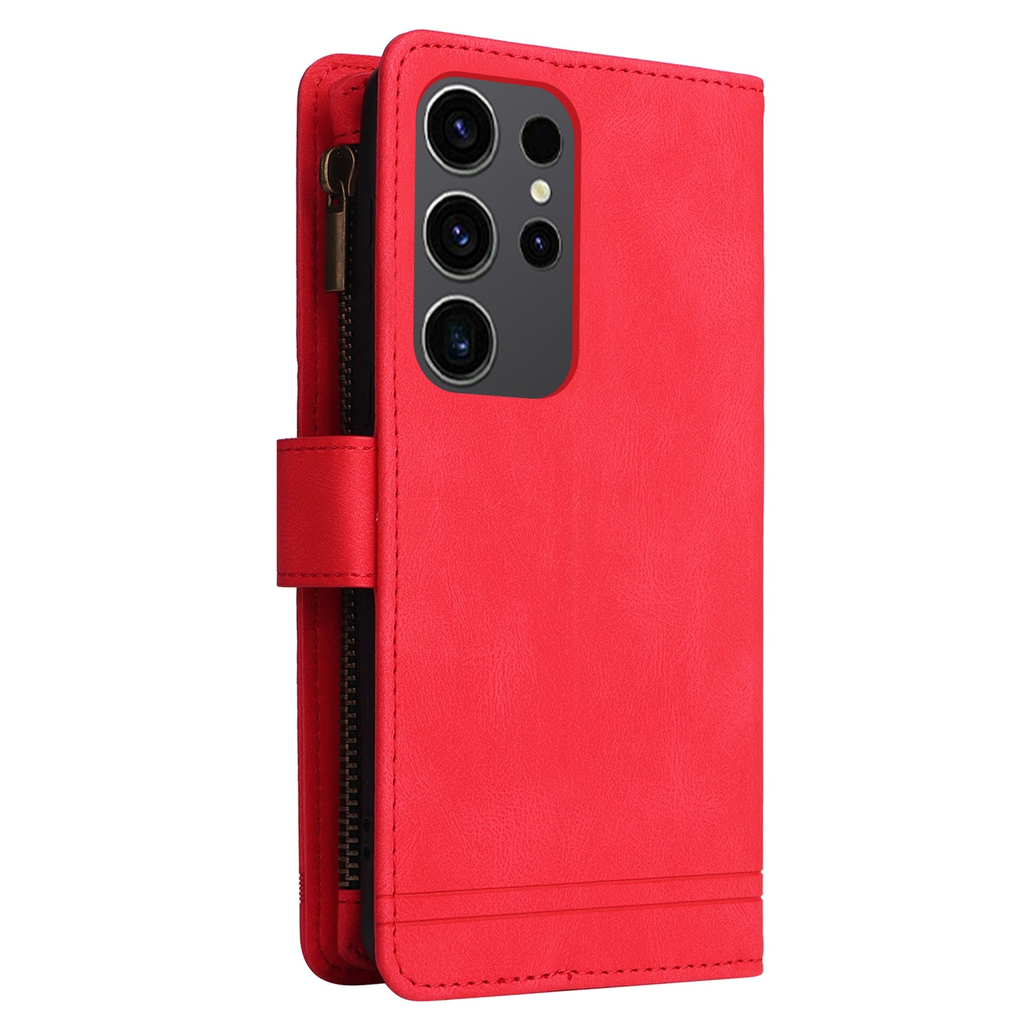 For Samsung Galaxy S24 Ultra Case Zipper Pocket Flip Leather Protective Phone Cover - Red