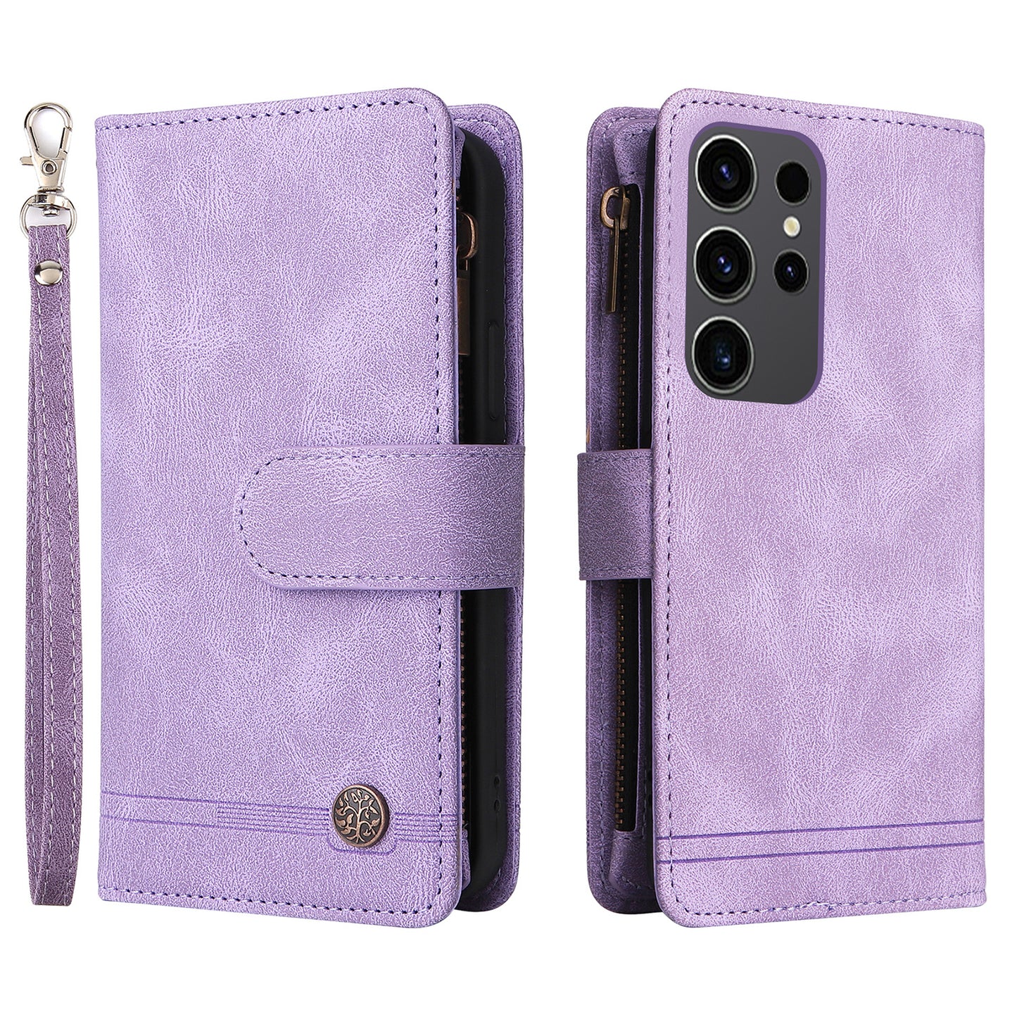 For Samsung Galaxy S24 Ultra Case Zipper Pocket Flip Leather Protective Phone Cover - Purple