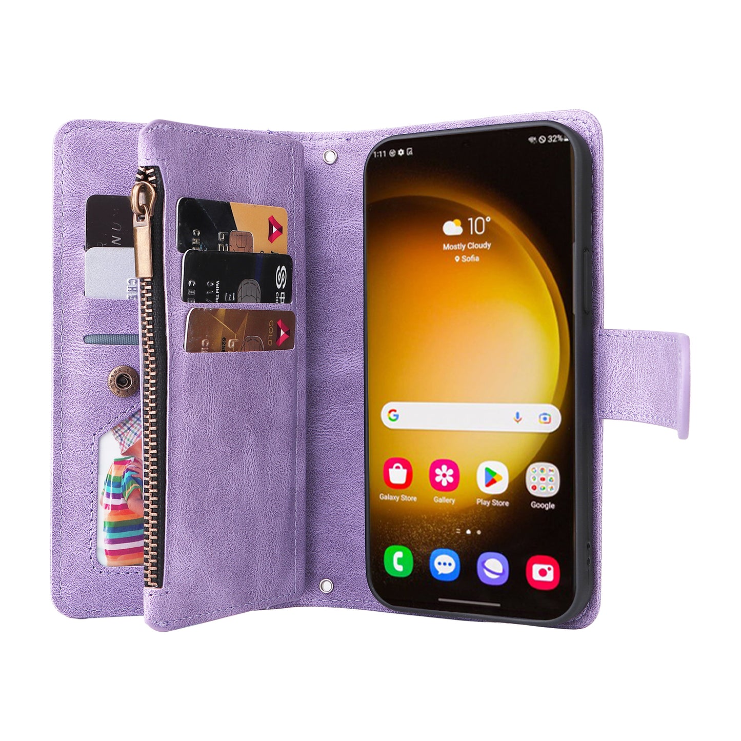For Samsung Galaxy S24 Ultra Case Zipper Pocket Flip Leather Protective Phone Cover - Purple