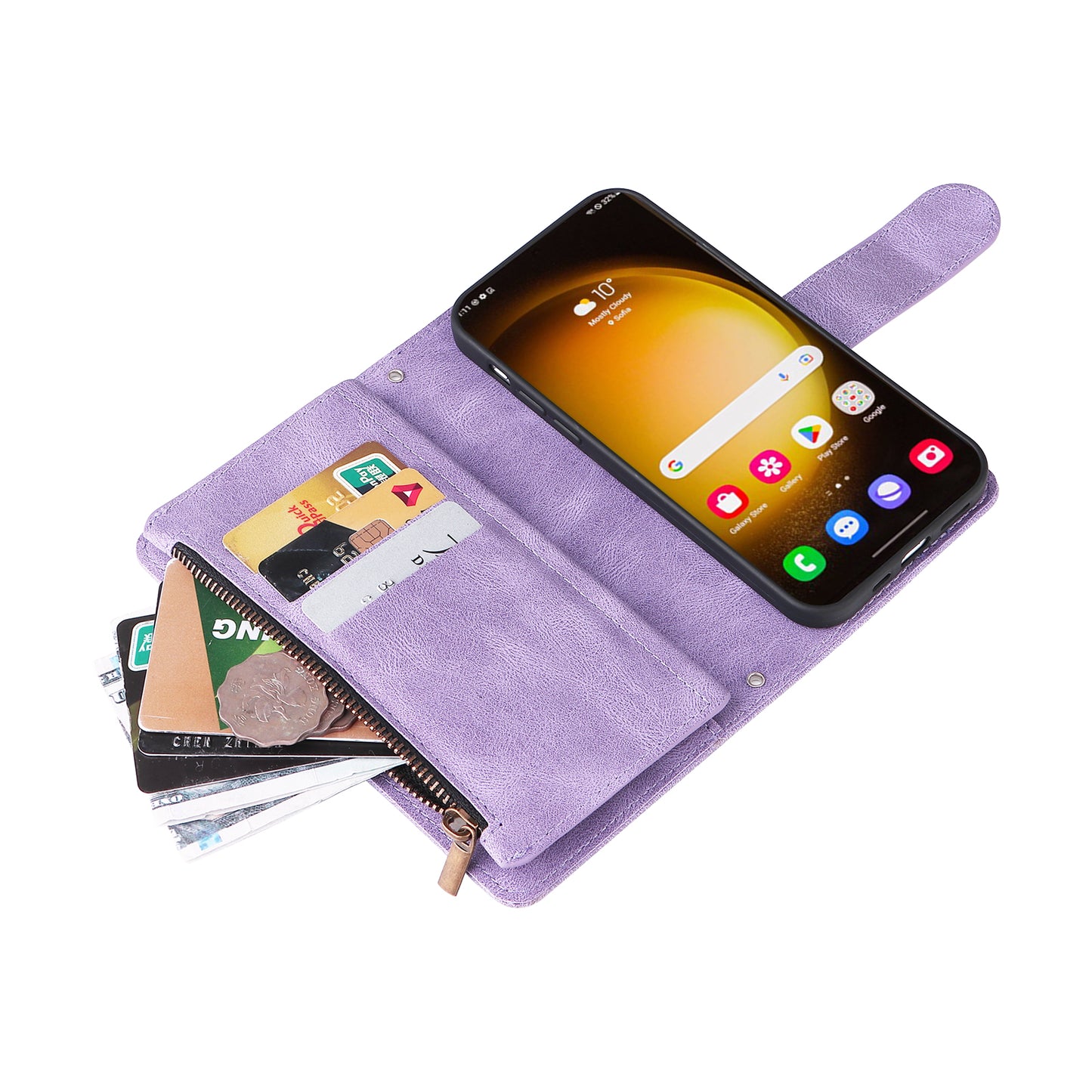 For Samsung Galaxy S24 Ultra Case Zipper Pocket Flip Leather Protective Phone Cover - Purple