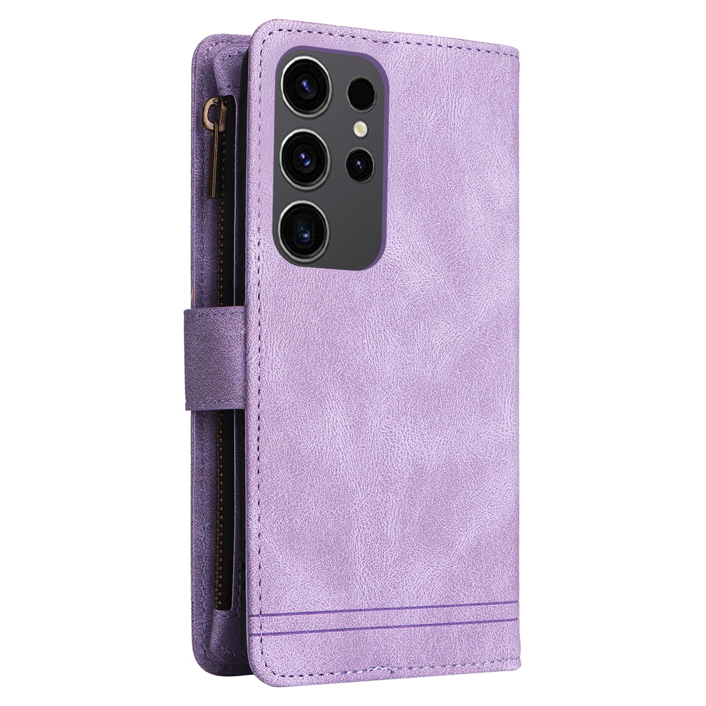 For Samsung Galaxy S24 Ultra Case Zipper Pocket Flip Leather Protective Phone Cover - Purple