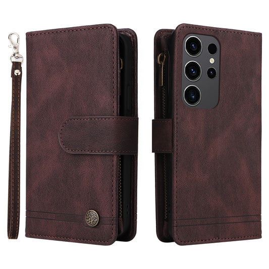 For Samsung Galaxy S24 Ultra Case Zipper Pocket Flip Leather Protective Phone Cover - Brown