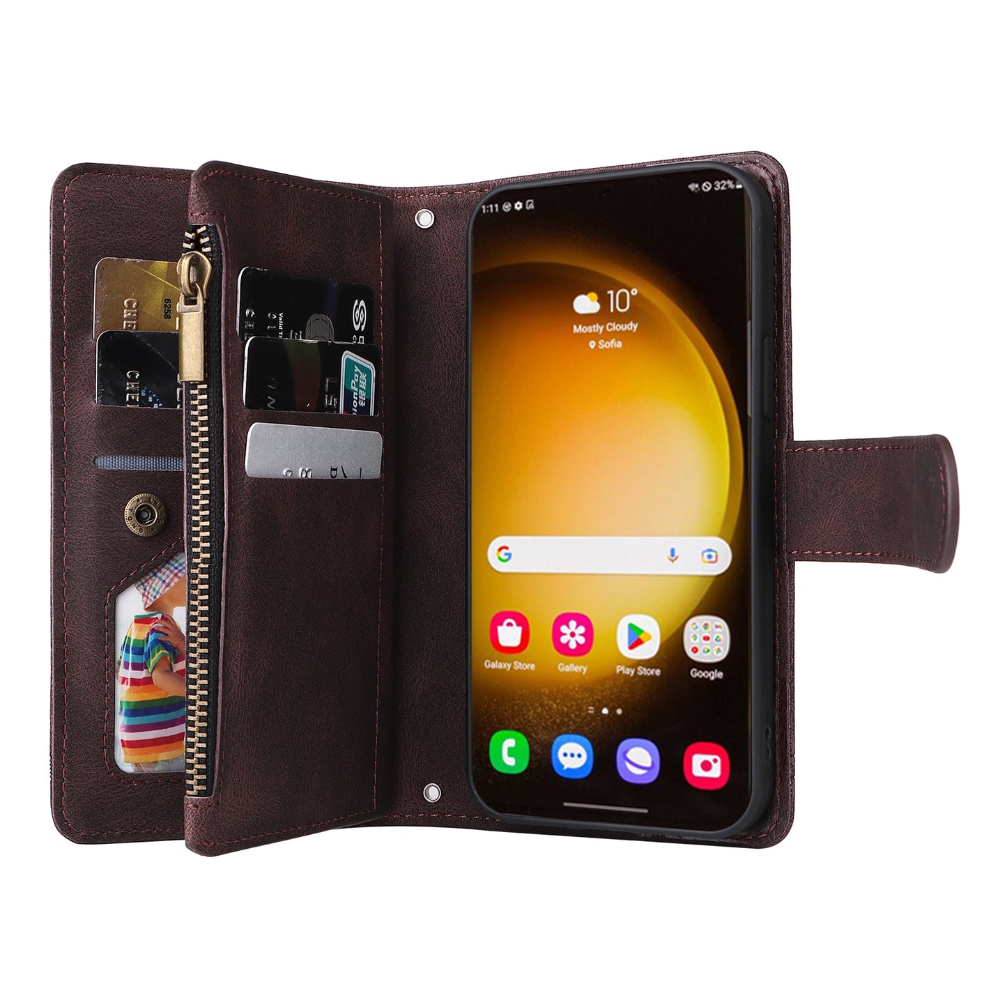 For Samsung Galaxy S24 Ultra Case Zipper Pocket Flip Leather Protective Phone Cover - Brown