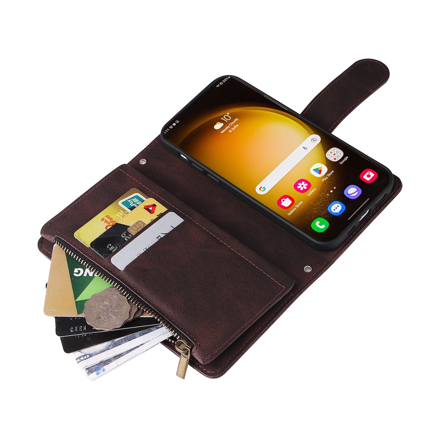 For Samsung Galaxy S24 Ultra Case Zipper Pocket Flip Leather Protective Phone Cover - Brown