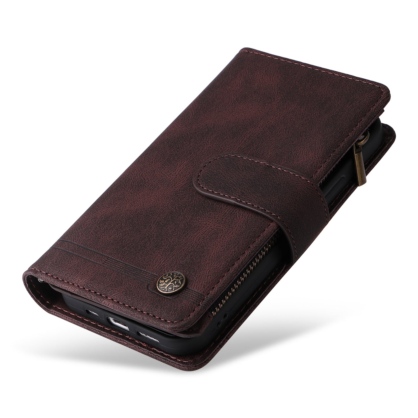 For Samsung Galaxy S24 Ultra Case Zipper Pocket Flip Leather Protective Phone Cover - Brown