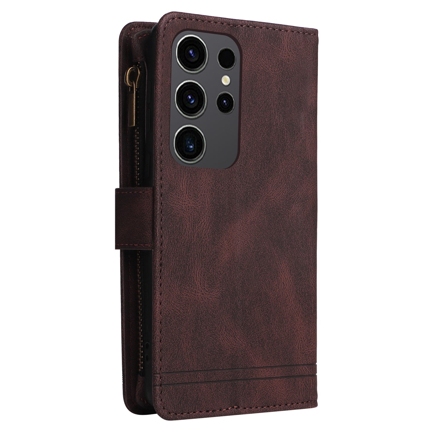 For Samsung Galaxy S24 Ultra Case Zipper Pocket Flip Leather Protective Phone Cover - Brown