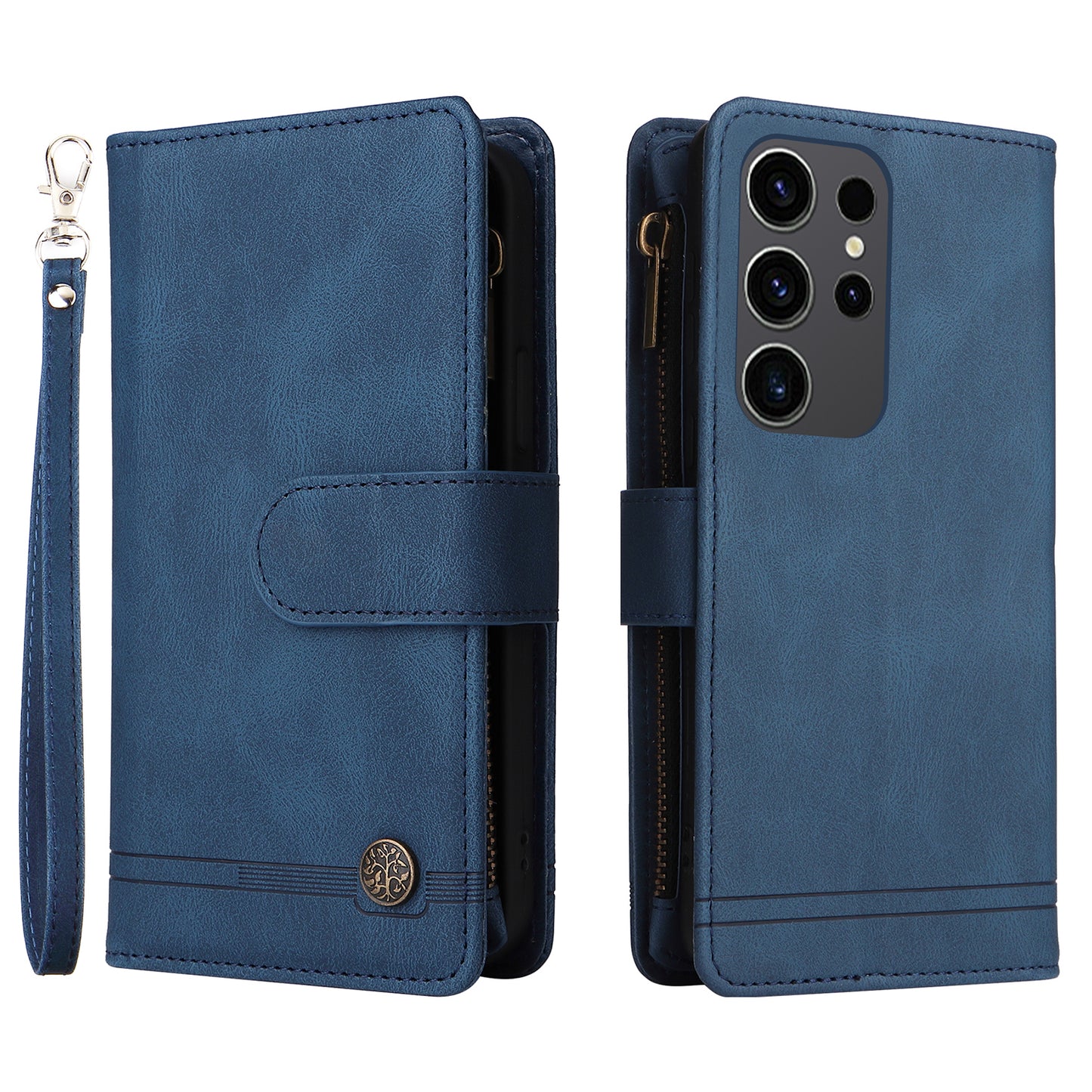For Samsung Galaxy S24 Ultra Case Zipper Pocket Flip Leather Protective Phone Cover - Blue
