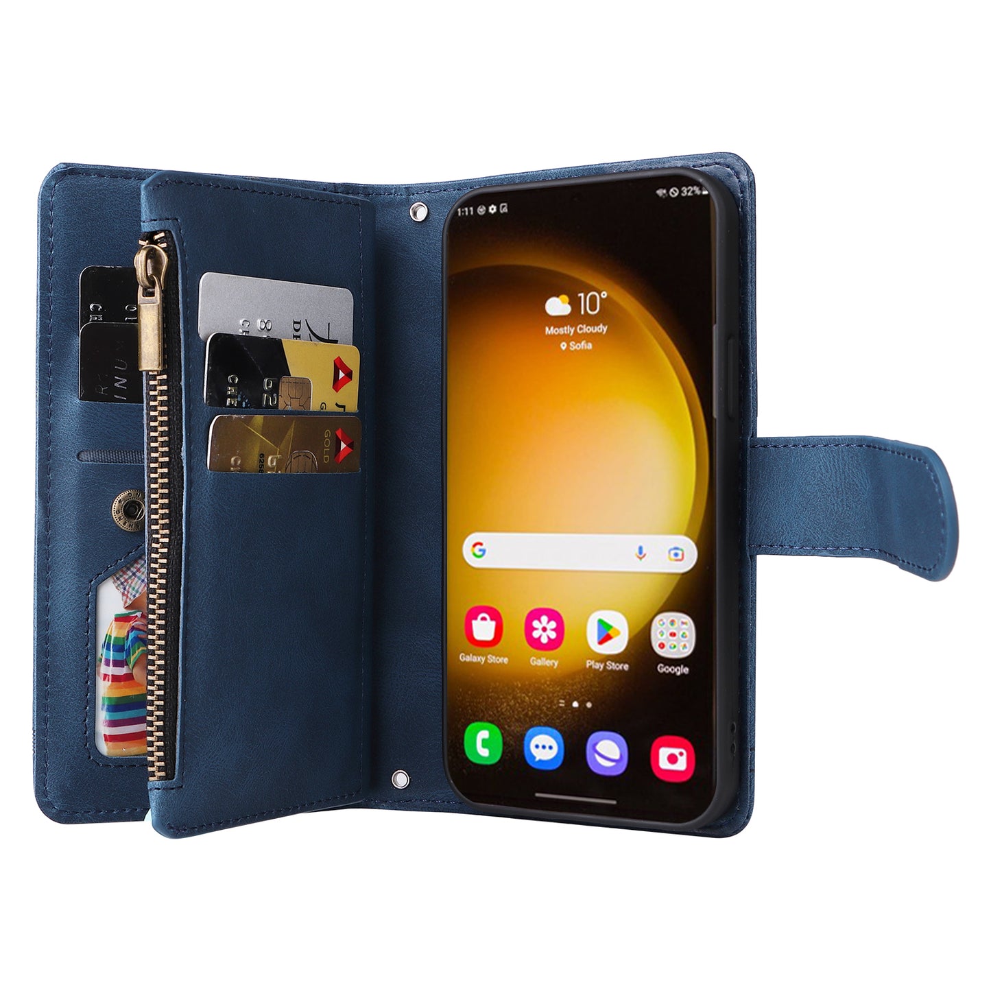 For Samsung Galaxy S24 Ultra Case Zipper Pocket Flip Leather Protective Phone Cover - Blue
