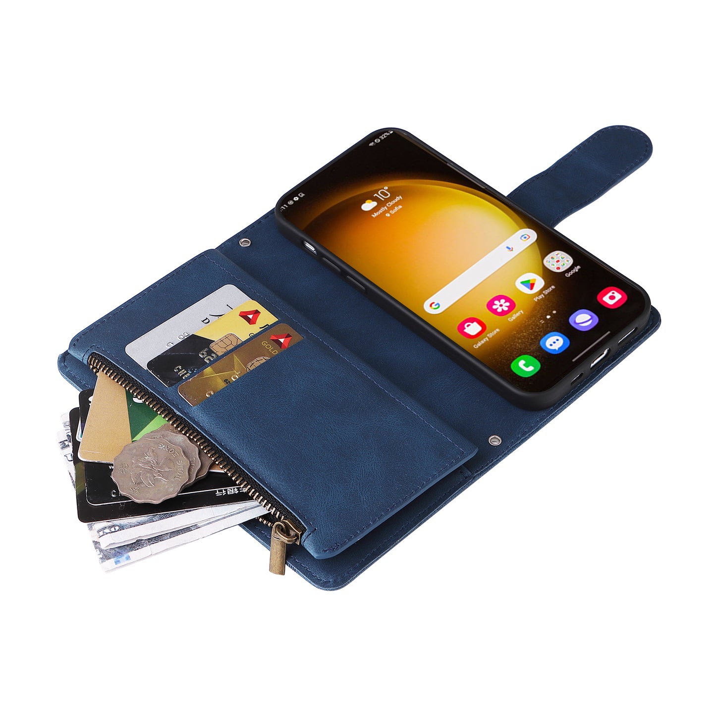 For Samsung Galaxy S24 Ultra Case Zipper Pocket Flip Leather Protective Phone Cover - Blue