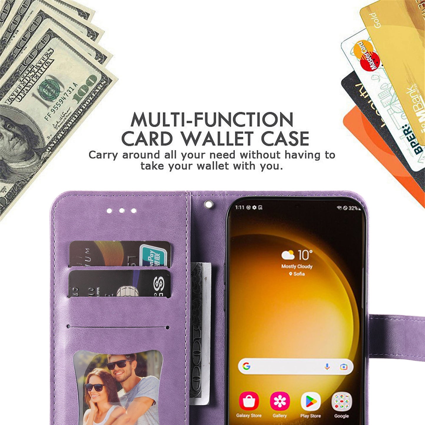 For Samsung Galaxy S24 Ultra Case Wallet PU Leather Magnetic Flip Folio Phone Cover - Purple