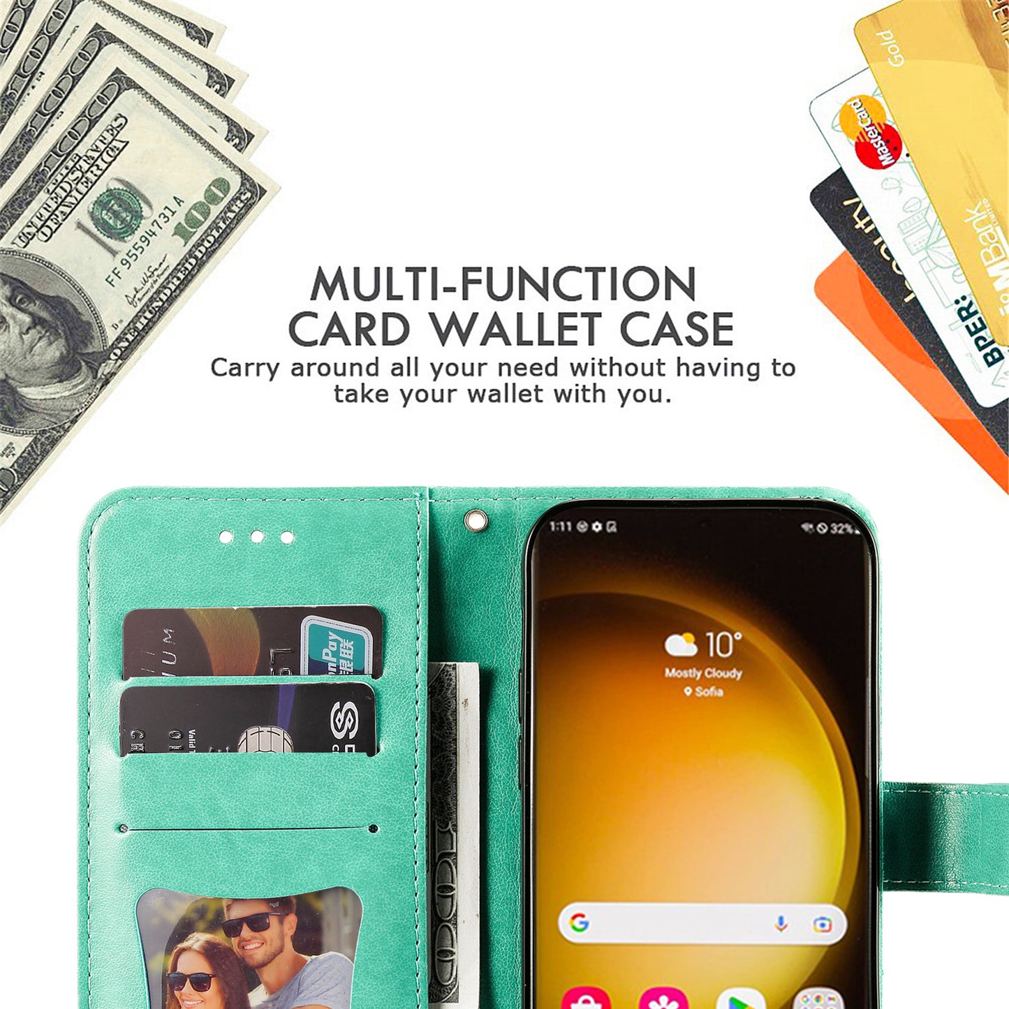 For Samsung Galaxy S24 Ultra Case Wallet PU Leather Magnetic Flip Folio Phone Cover - Green