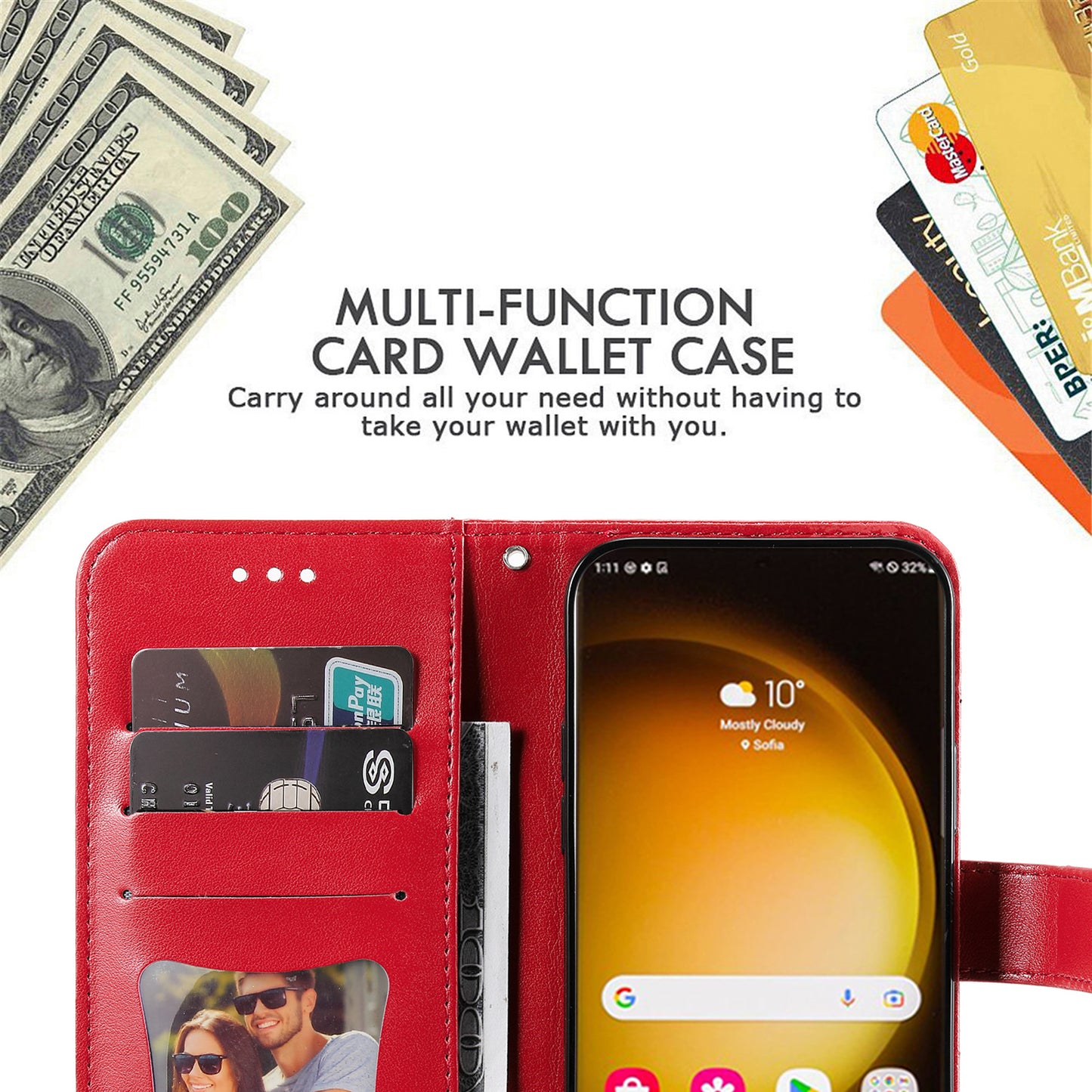 For Samsung Galaxy S24 Ultra Case Wallet PU Leather Magnetic Flip Folio Phone Cover - Red