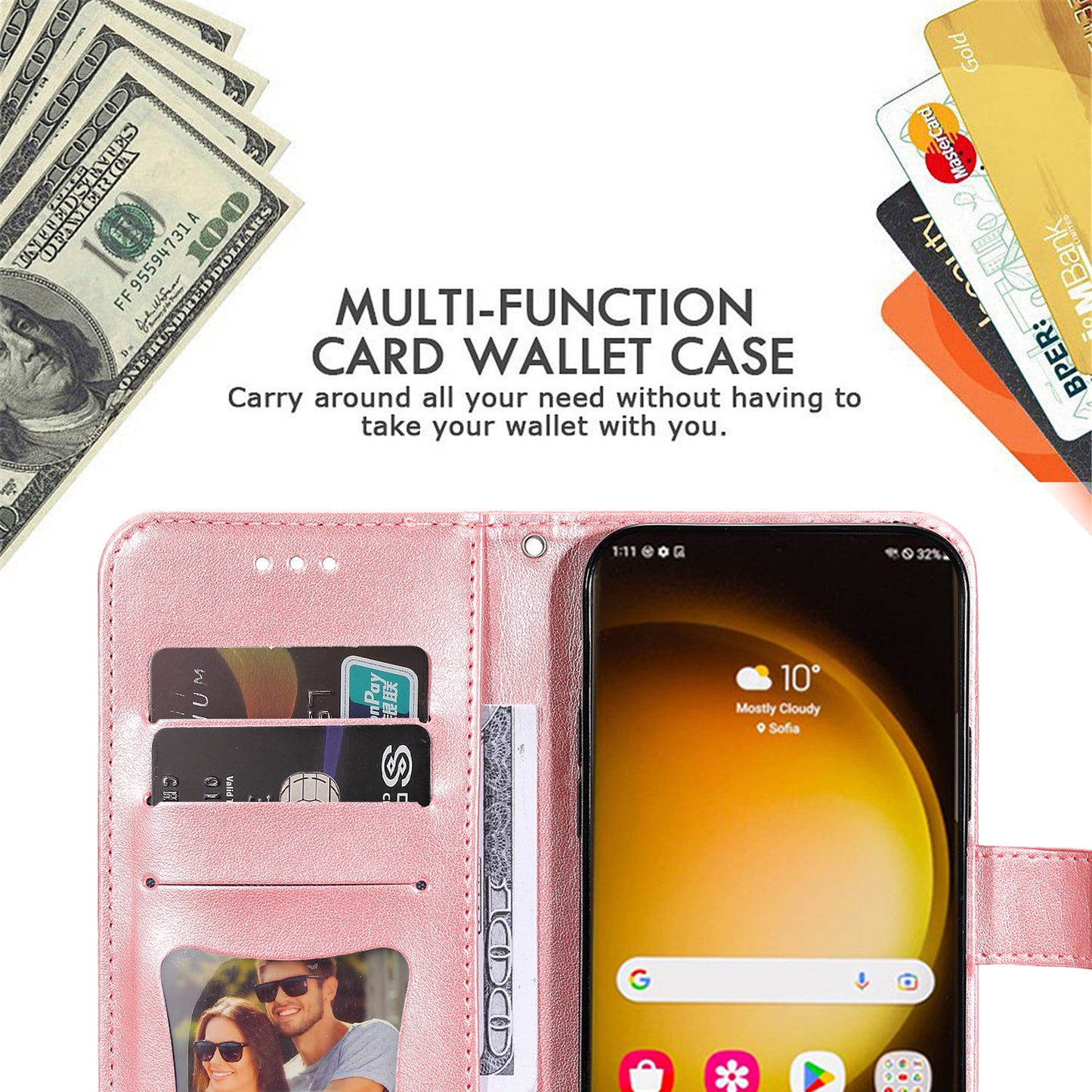 For Samsung Galaxy S24 Ultra Case Wallet PU Leather Magnetic Flip Folio Phone Cover - Pink