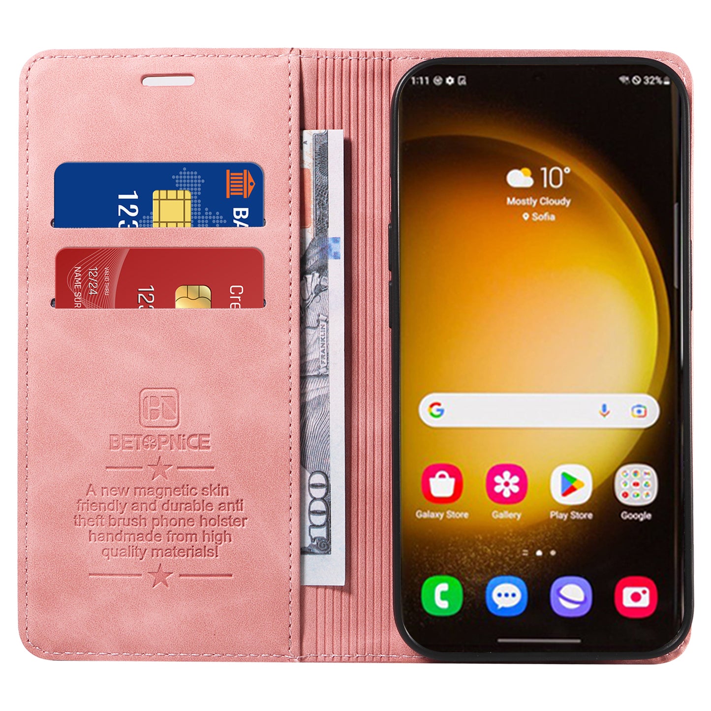 BETOPNICE 003 for Samsung Galaxy S24 Ultra Case Flip Wallet RFID Blocking Phone Cover - Pink