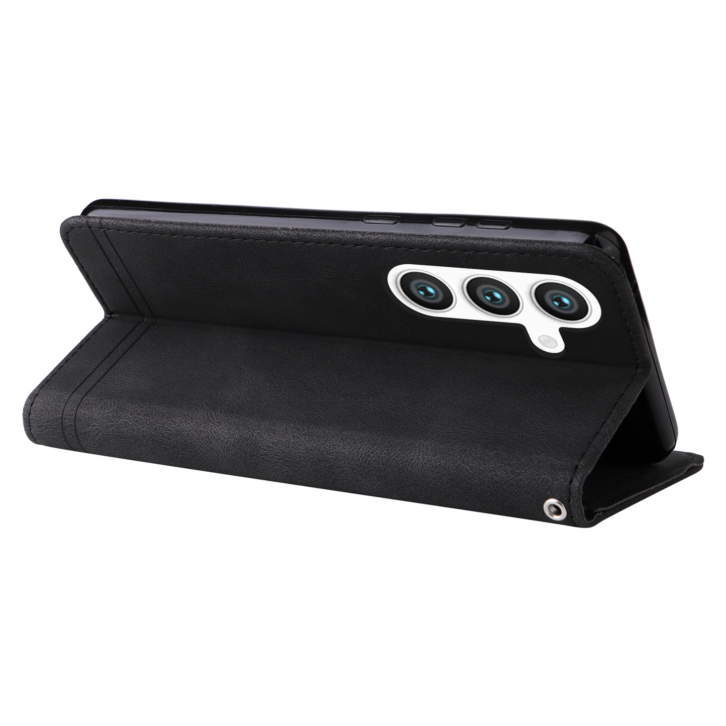 For Samsung Galaxy S24+ Case PU Leather Imprinted Flip Skin-touch Phone Cover - Black