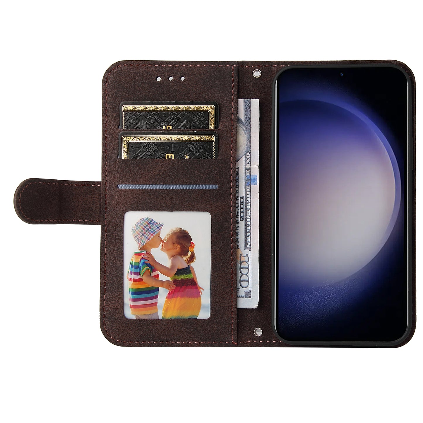 For Samsung Galaxy S24+ Case PU Leather Imprinted Flip Skin-touch Phone Cover - Brown
