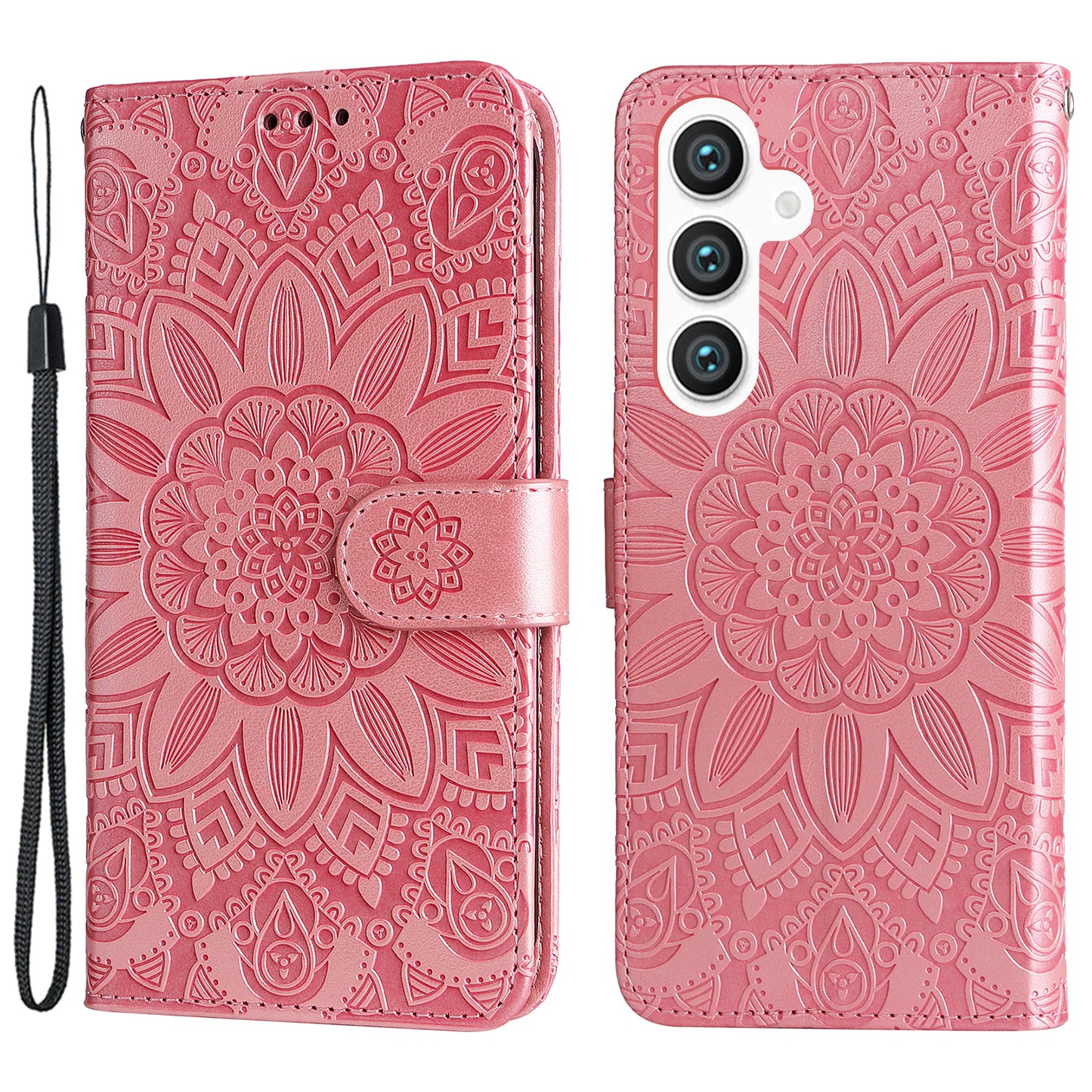 For Samsung Galaxy S24+ Case PU Leather Stand Wallet Sunflower Phone Cover - Pink