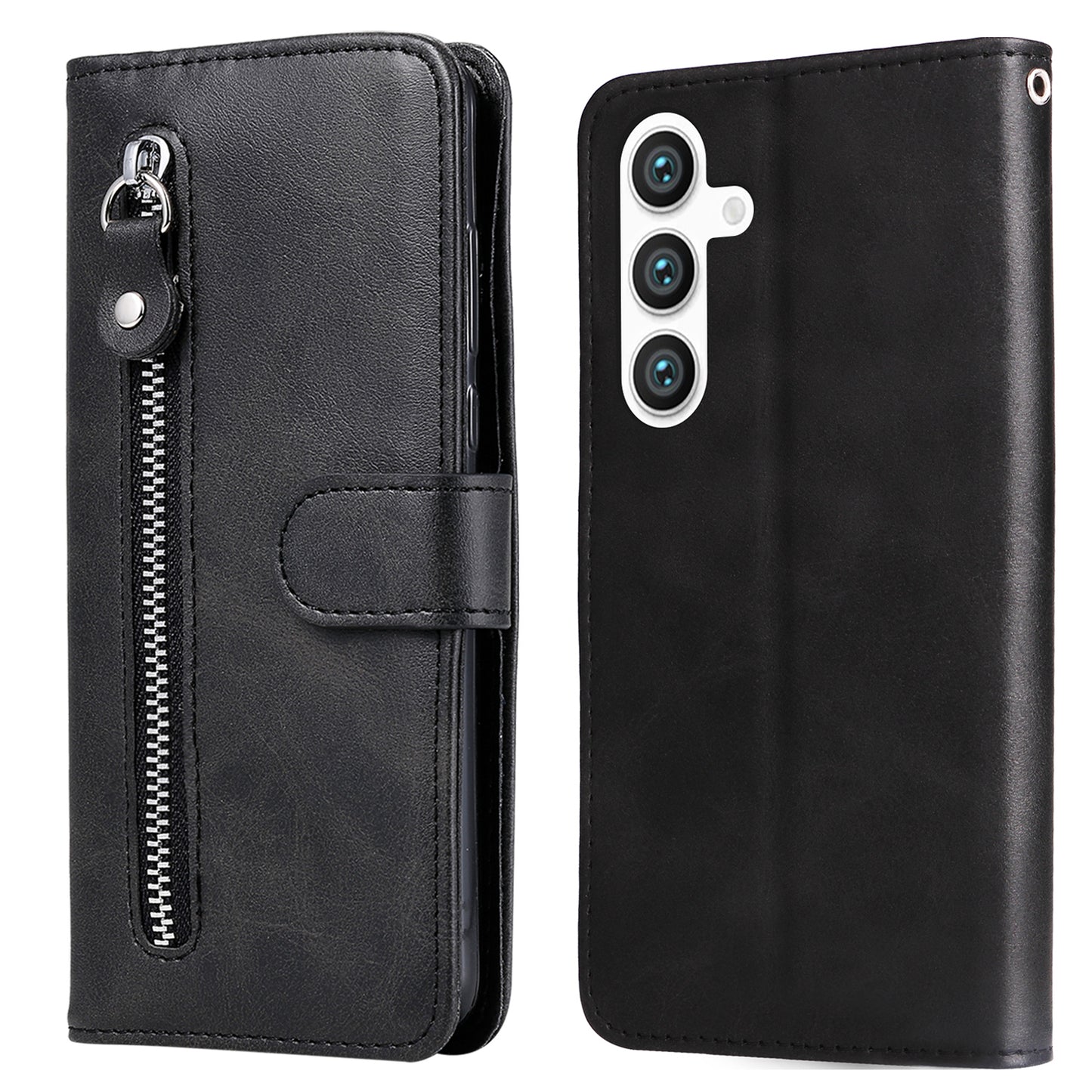 For Samsung Galaxy S24+ Case PU Leather Zipper Stand Folio Phone Cover - Black