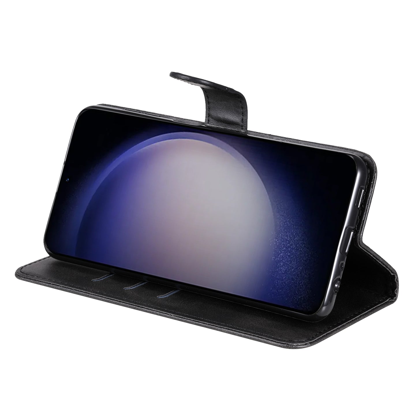 For Samsung Galaxy S24+ Case PU Leather Zipper Stand Folio Phone Cover - Black