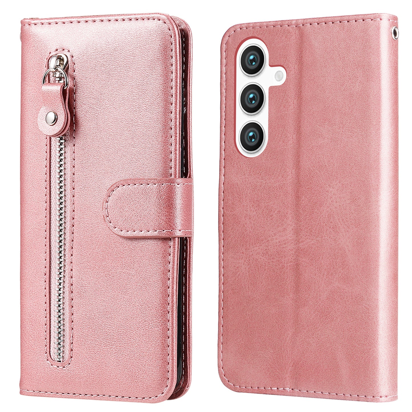For Samsung Galaxy S24+ Case PU Leather Zipper Stand Folio Phone Cover - Pink