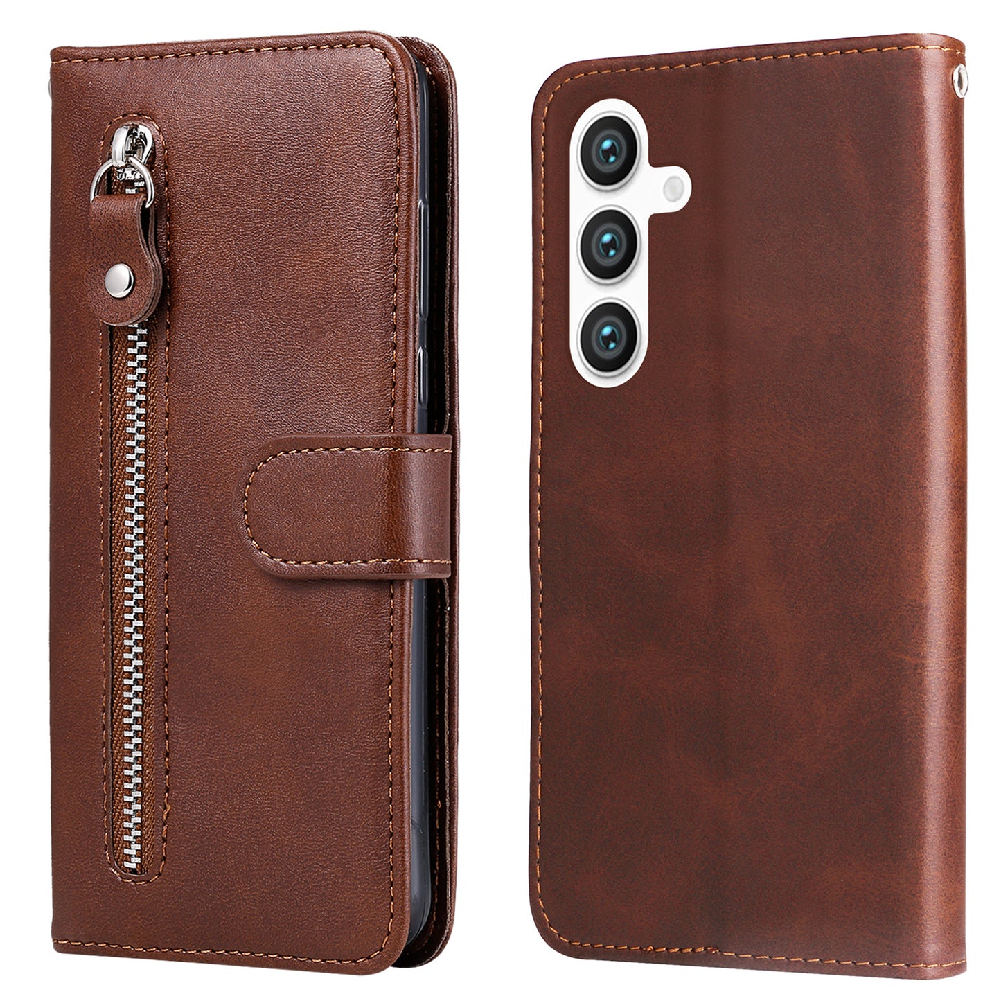 For Samsung Galaxy S24+ Case PU Leather Zipper Stand Folio Phone Cover - Brown