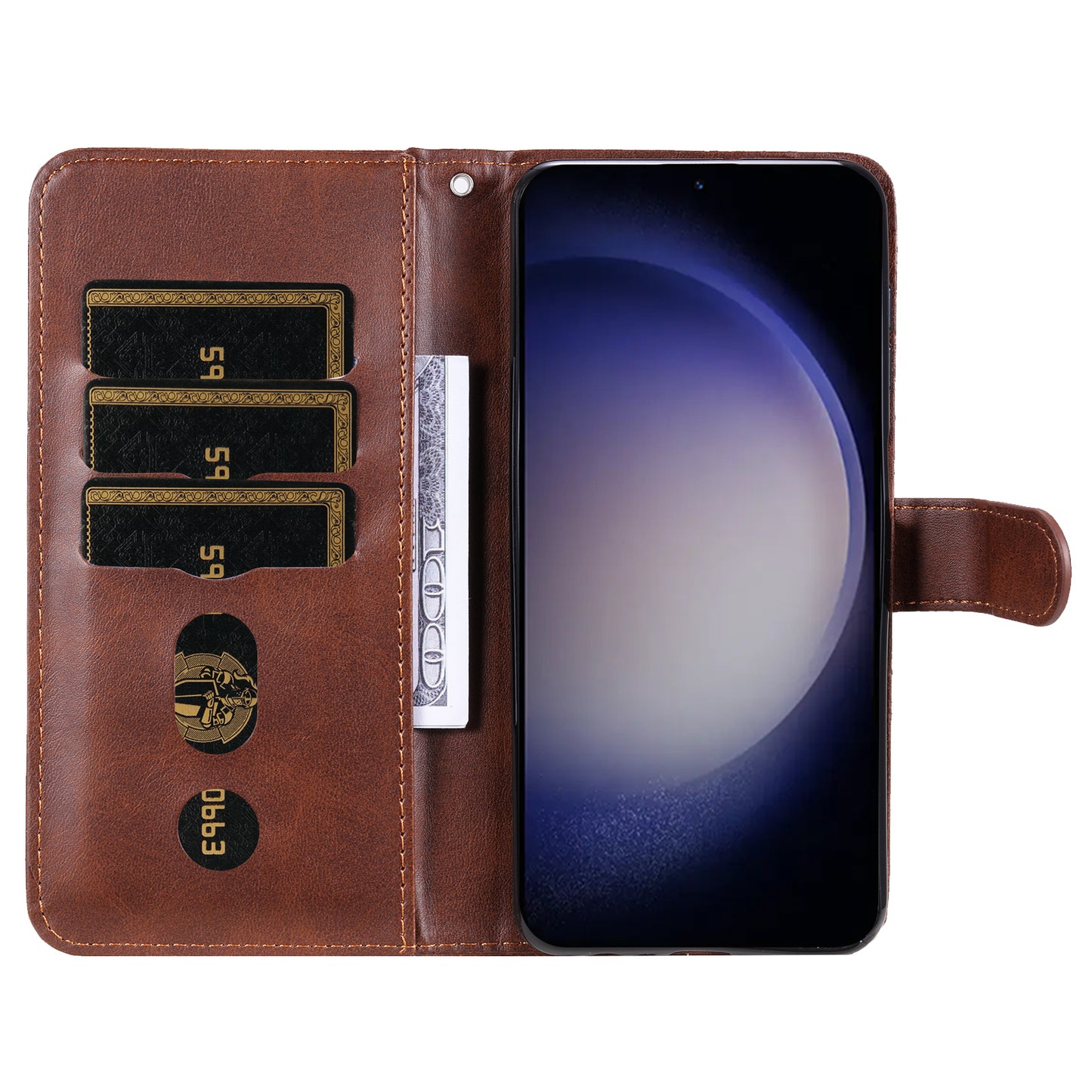 For Samsung Galaxy S24+ Case PU Leather Zipper Stand Folio Phone Cover - Brown