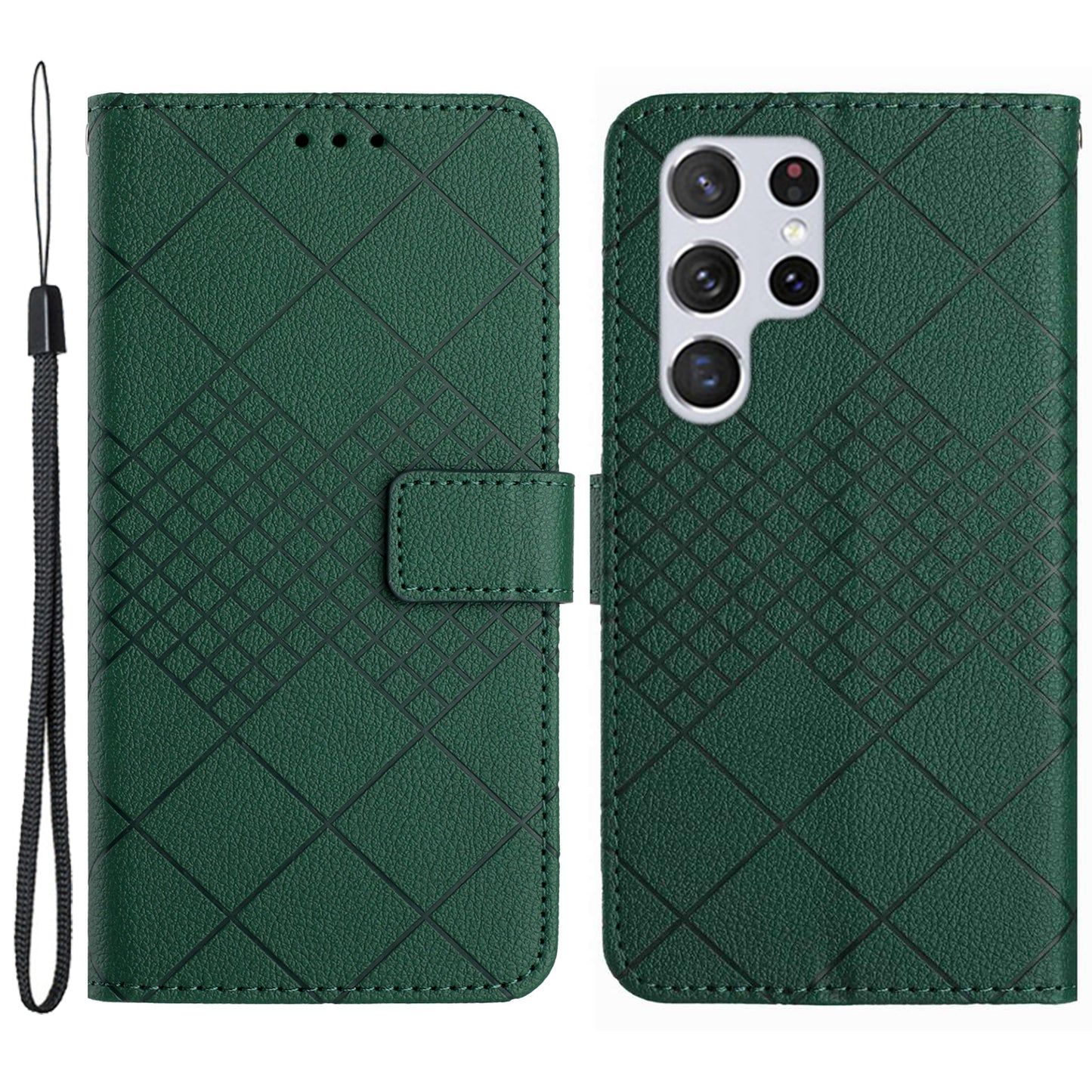 HT06 For Samsung Galaxy S24 Ultra Case Litchi Texture Rhombus Imprinted Wallet Cover - Green